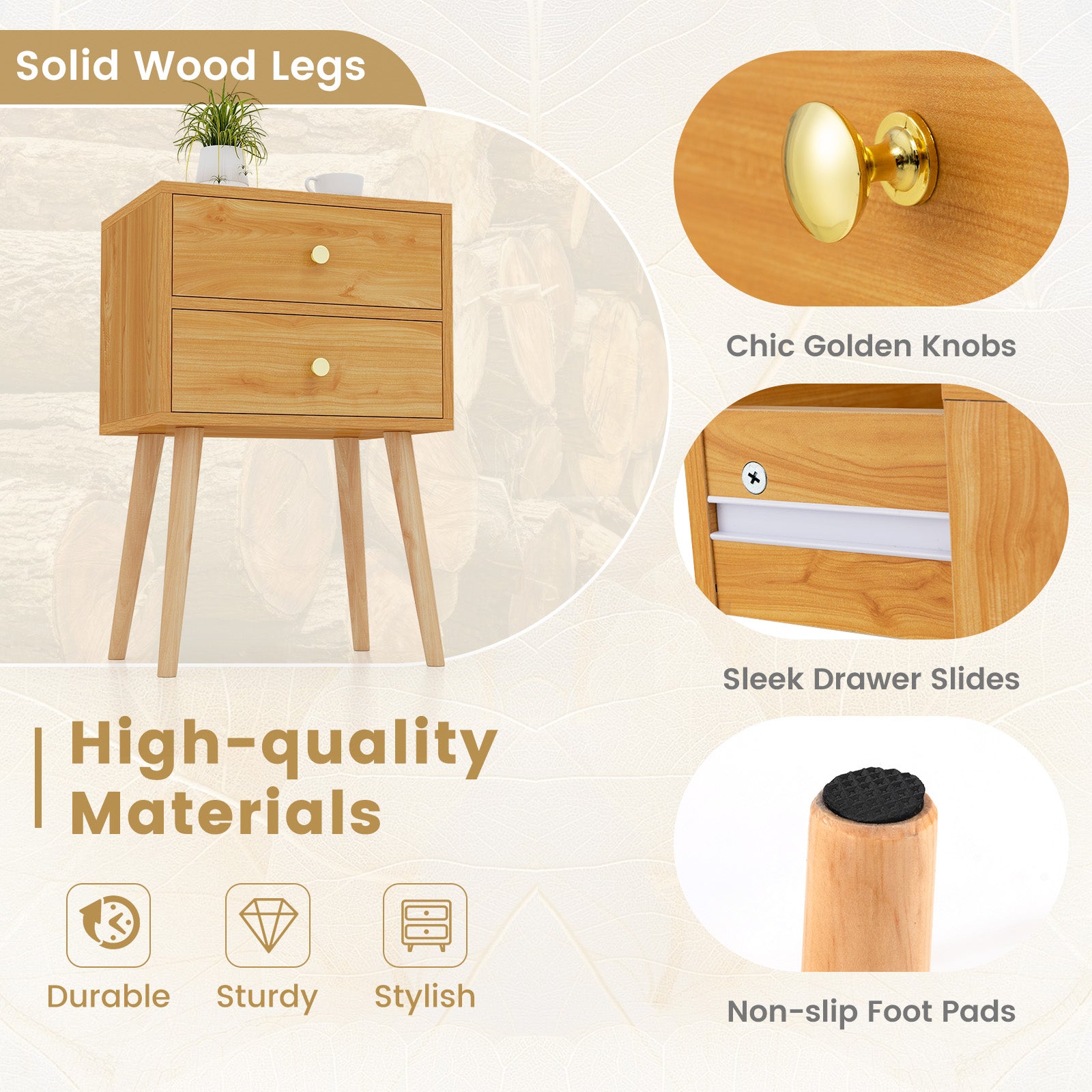 Mid-Century Modern Nightstand, 2 Drawers, Natural Nightstands at Gallery Canada