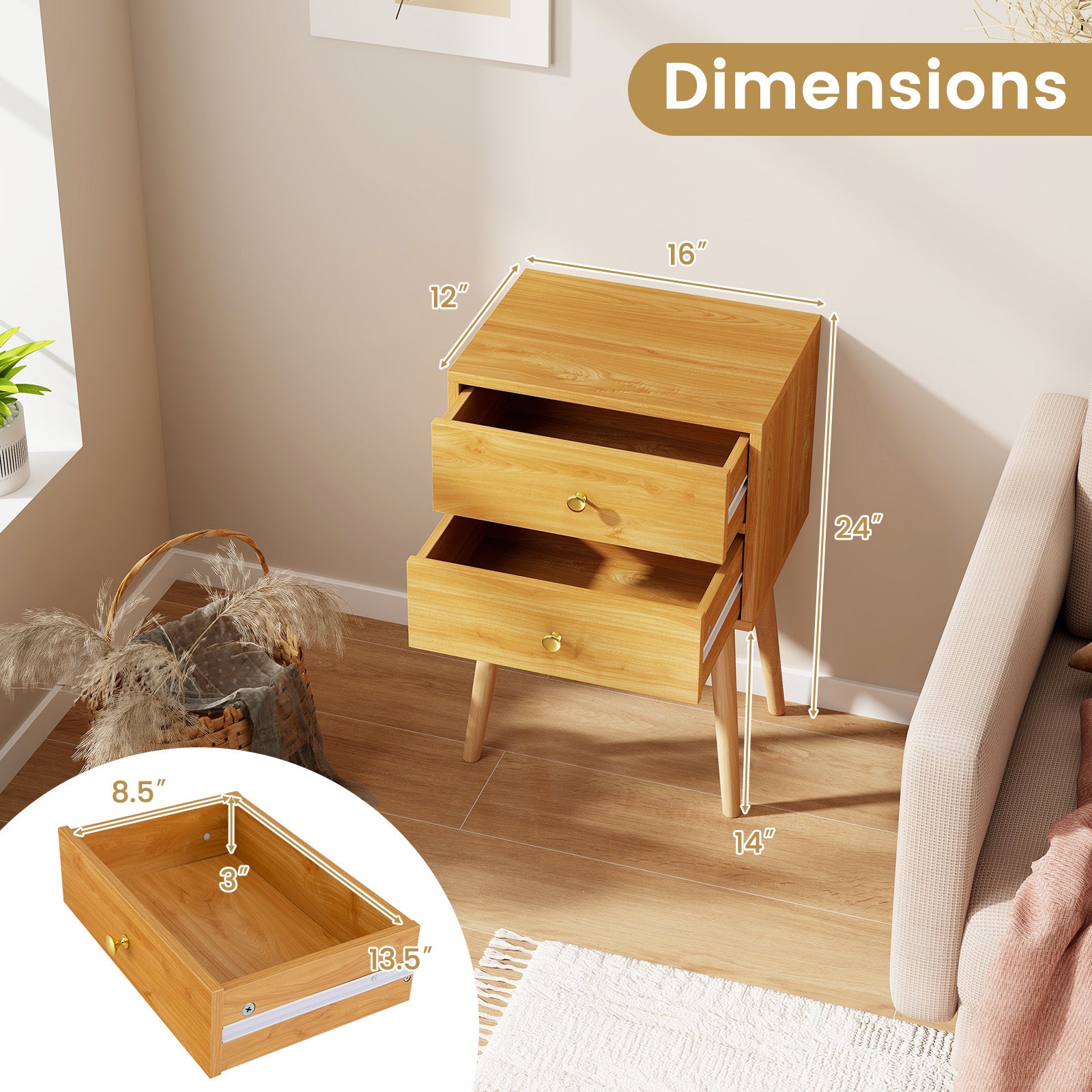 Mid-Century Modern Nightstand, 2 Drawers, Natural Nightstands at Gallery Canada