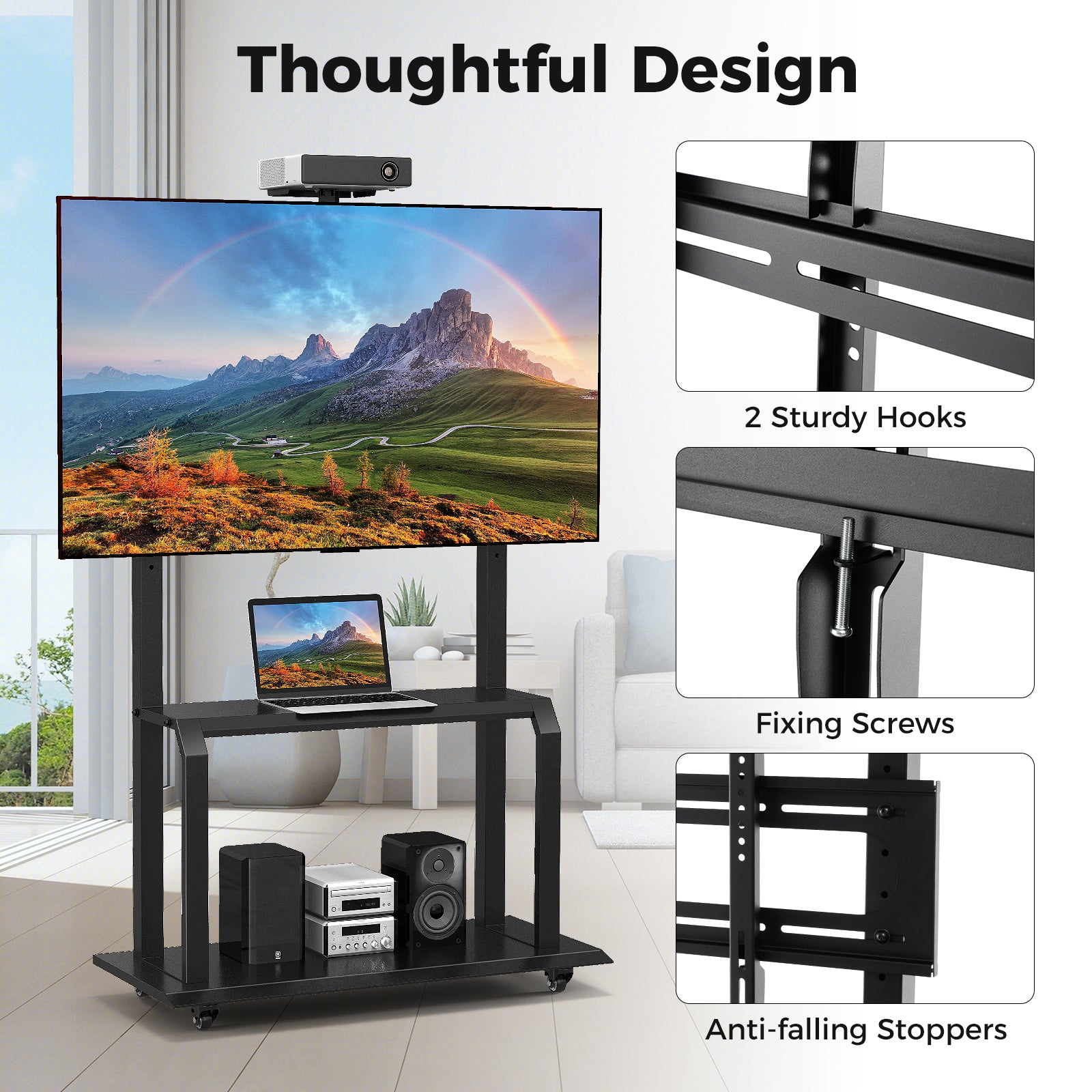 Mobile TV Stand With Camera Shelf, AV Shelves, 32-80 Inch, Black Entertainment Centers & TV Stands at Gallery Canada