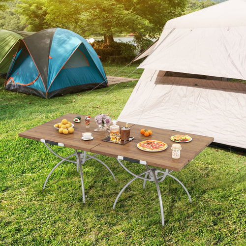 Folding Camping Table, 2 Pack, Wood-Grain Tabletop, Natural