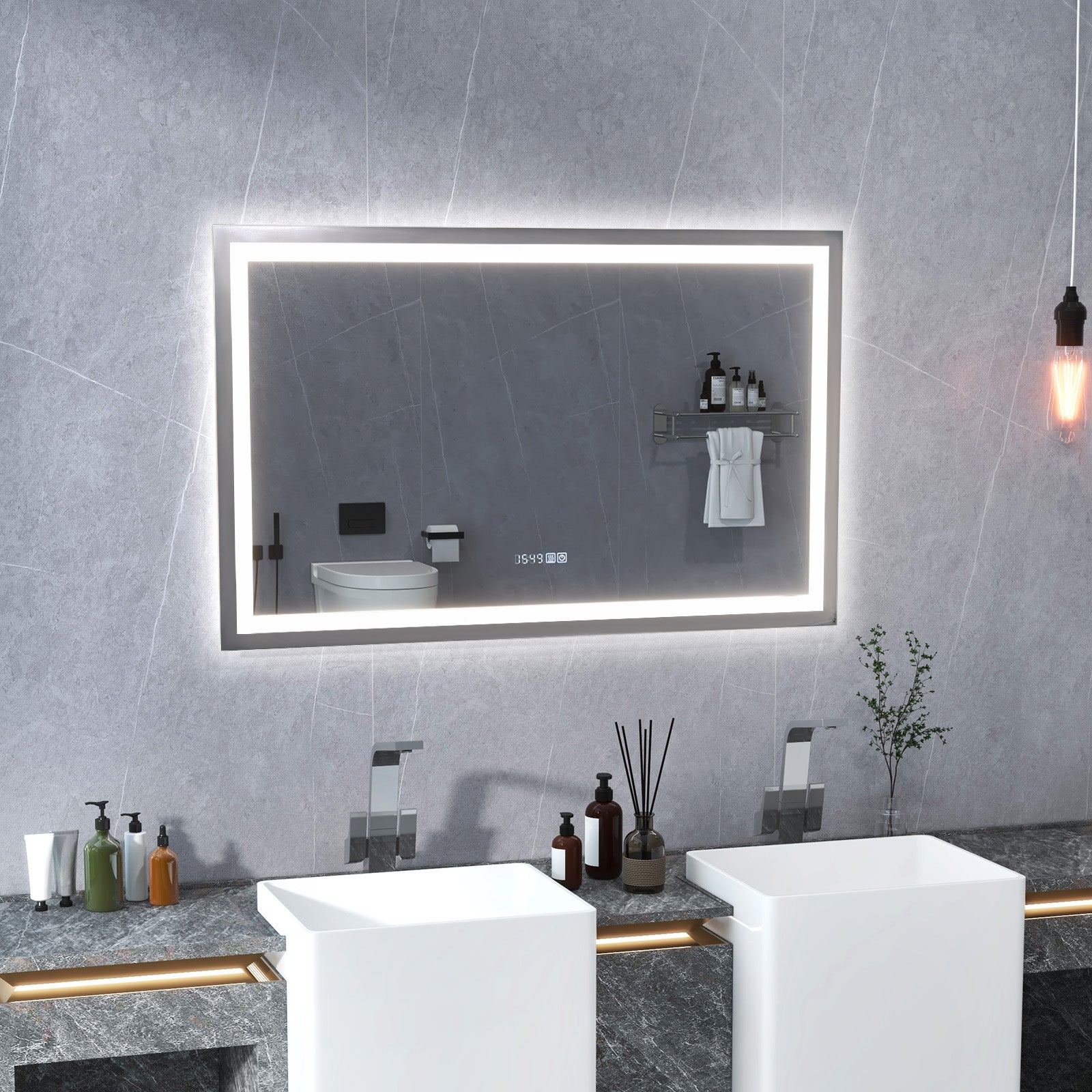 LED Bathroom Mirror, Wall Mounted Rectangle, 3-Color Dimmable Lights, L, Silver Wall Mirrors at Gallery Canada