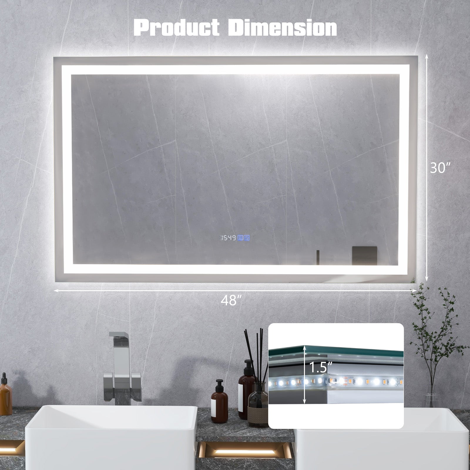 LED Bathroom Mirror, Wall Mounted Rectangle, 3-Color Dimmable Lights, L, Silver Wall Mirrors at Gallery Canada