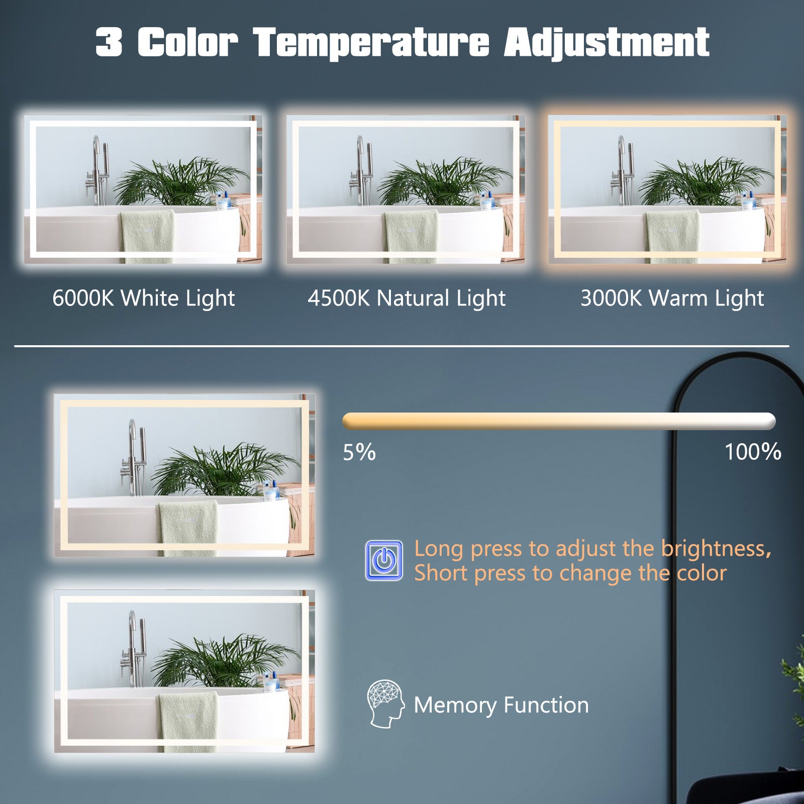LED Bathroom Mirror, Wall Mounted Rectangle, 3-Color Dimmable Lights, L, Silver Wall Mirrors at Gallery Canada