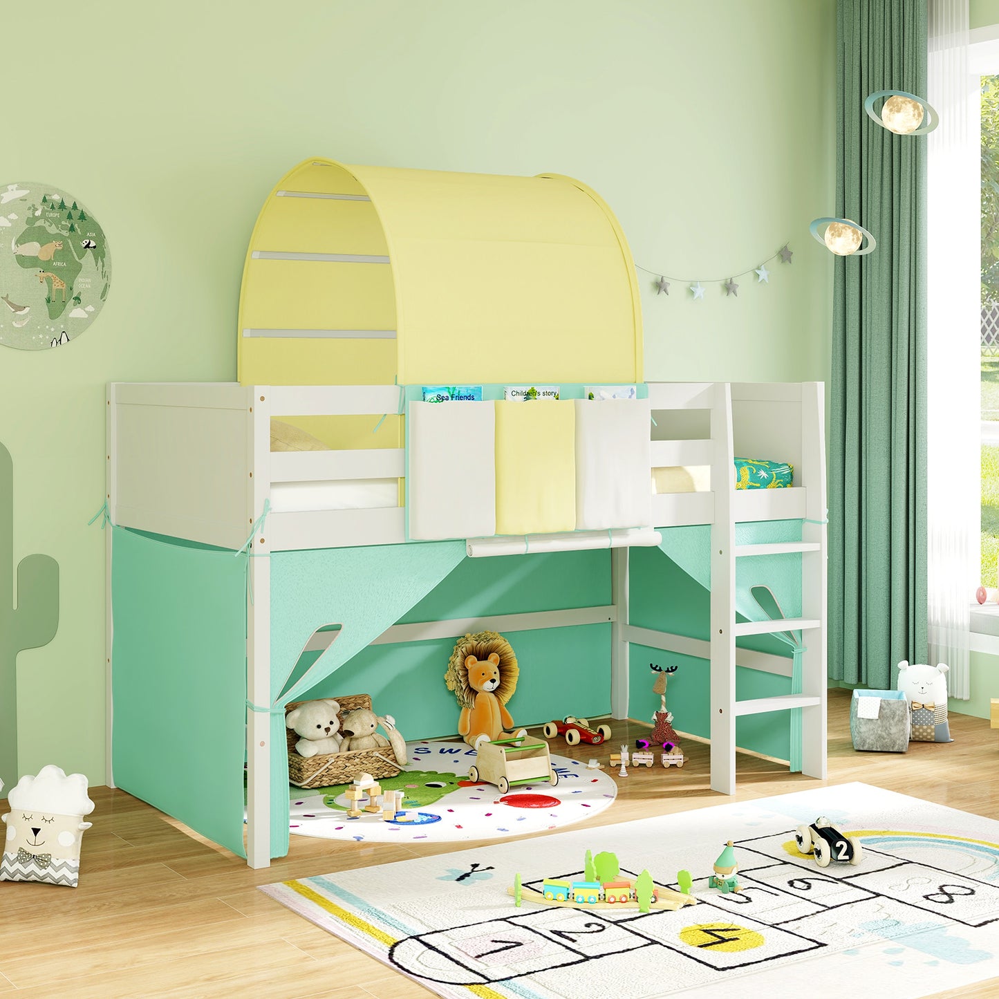 Twin Size Loft Bed Playhouse, Tower Tent, 3 Storage Pockets, Turquoise Bunk Bed Frame at Gallery Canada