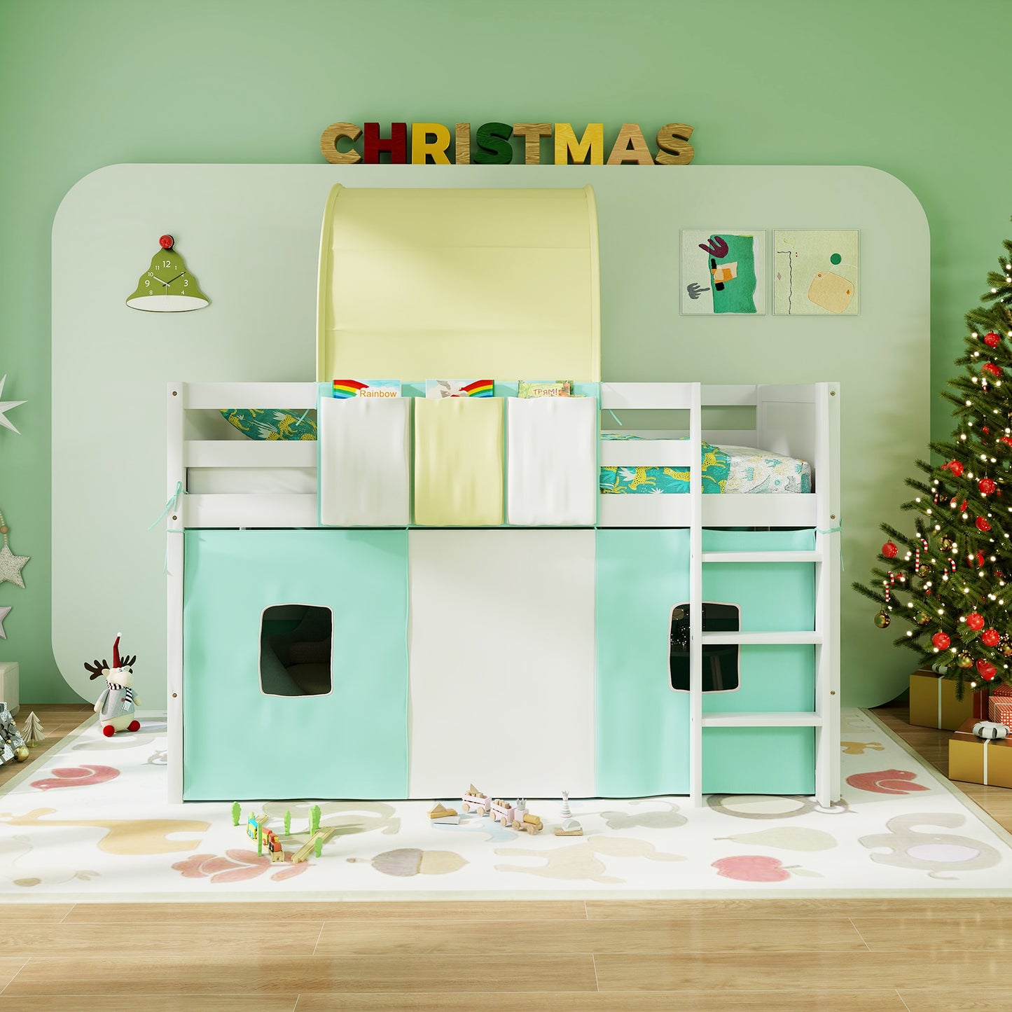 Twin Size Loft Bed Playhouse, Tower Tent, 3 Storage Pockets, Turquoise Bunk Bed Frame at Gallery Canada