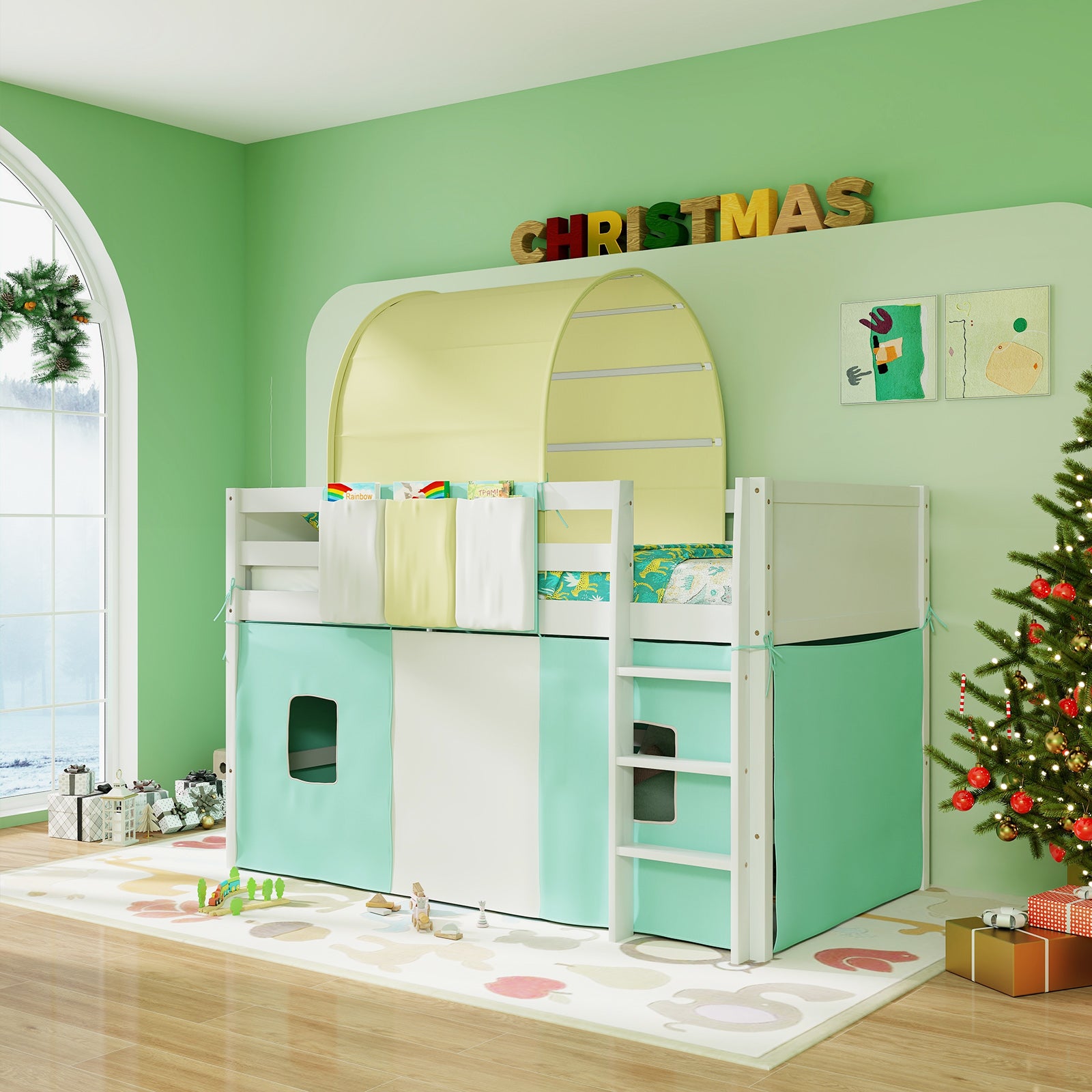 Twin Size Loft Bed Playhouse, Tower Tent, 3 Storage Pockets, Turquoise Bunk Bed Frame at Gallery Canada