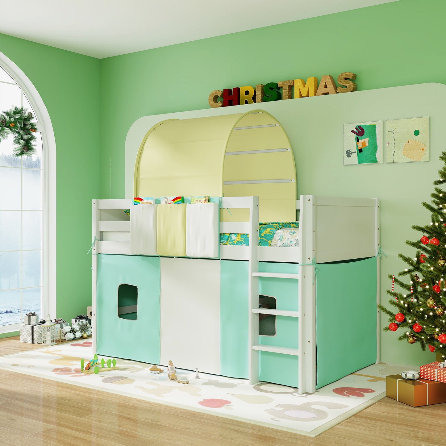 Twin Size Loft Bed Playhouse, Tower Tent, 3 Storage Pockets, Turquoise Bunk Bed Frame at Gallery Canada
