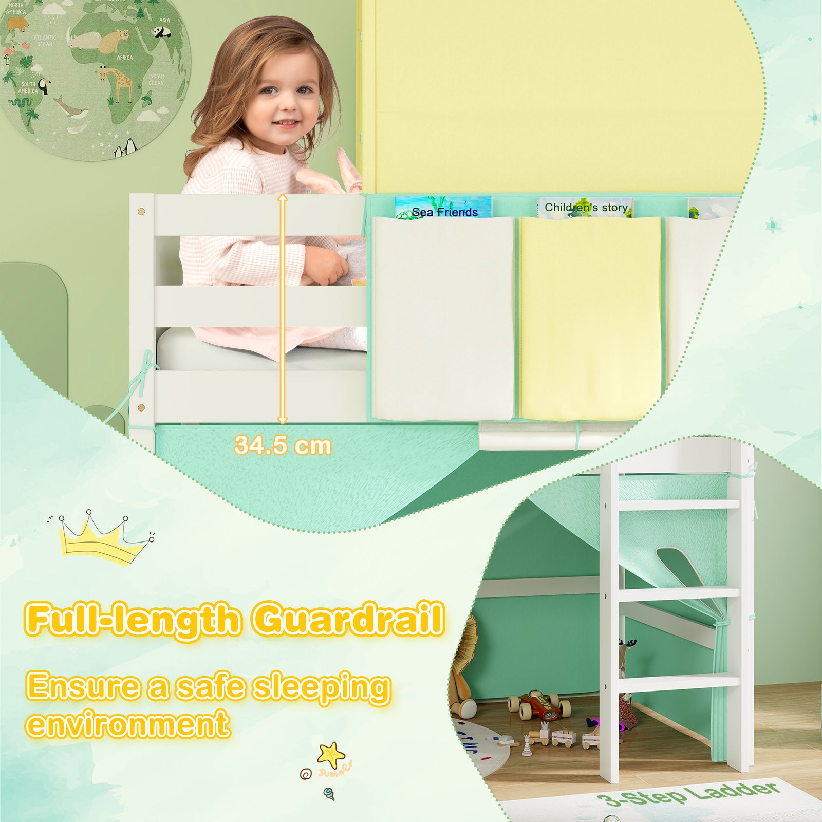 Twin Size Loft Bed Playhouse, Tower Tent, 3 Storage Pockets, Turquoise Bunk Bed Frame at Gallery Canada