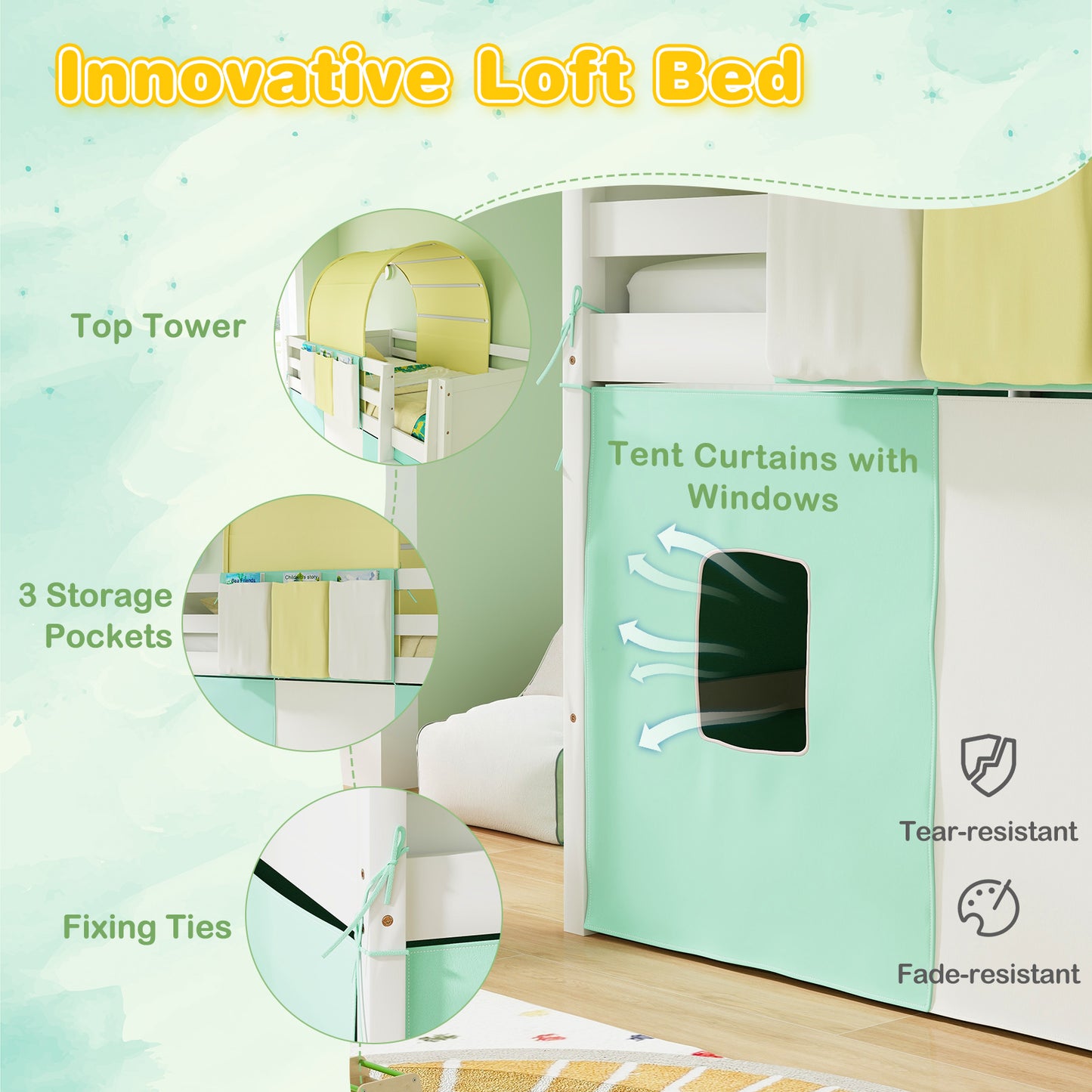 Twin Size Loft Bed Playhouse, Tower Tent, 3 Storage Pockets, Turquoise Bunk Bed Frame at Gallery Canada