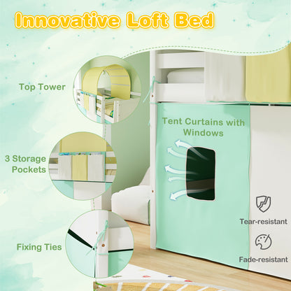 Twin Size Loft Bed Playhouse, Tower Tent, 3 Storage Pockets, Turquoise Bunk Bed Frame at Gallery Canada