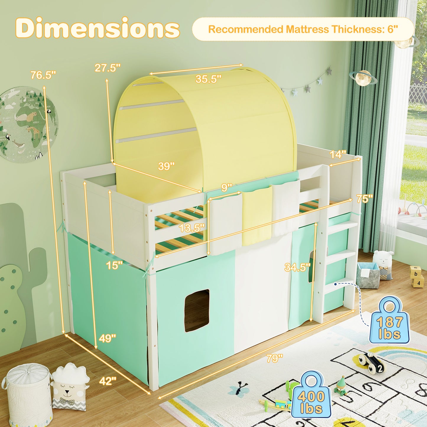 Twin Size Loft Bed Playhouse, Tower Tent, 3 Storage Pockets, Turquoise Bunk Bed Frame at Gallery Canada