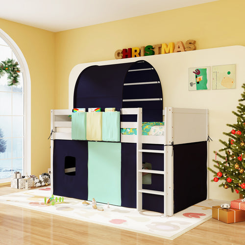 Twin Size Loft Bed With Tower Tent, 3 Storage Pockets, Navy