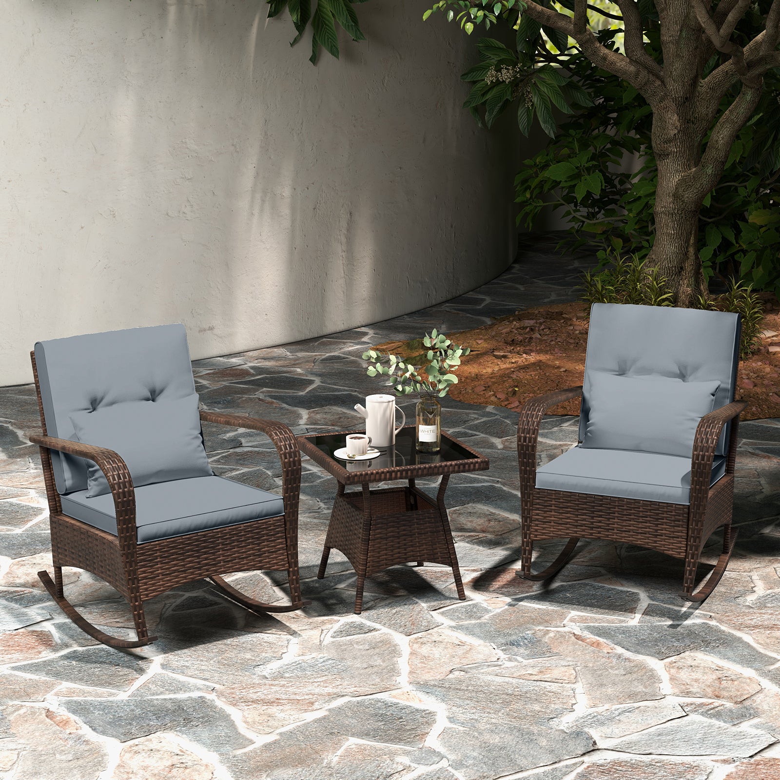3 Piece Outdoor Rocking Set, Tempered Glass Coffee Table, Gray Patio Conversation Sets at Gallery Canada