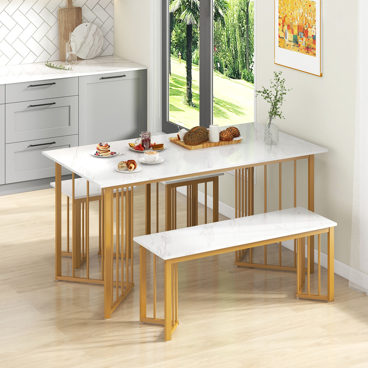 4 Piece Dining Table Set With Bench, 2 Stools, White Dining Room Sets at Gallery Canada