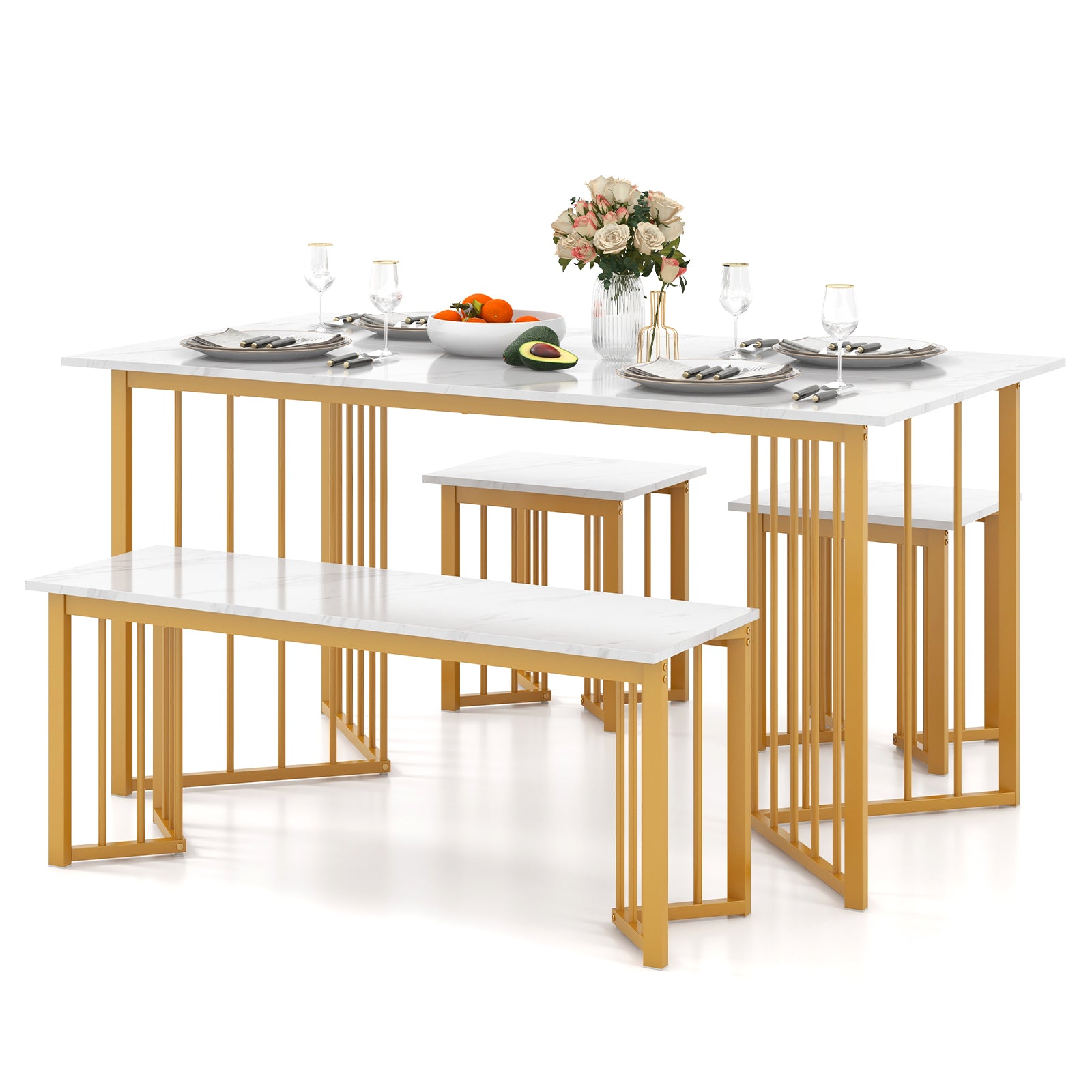 4 Piece Dining Table Set With Bench, 2 Stools, White Dining Room Sets at Gallery Canada