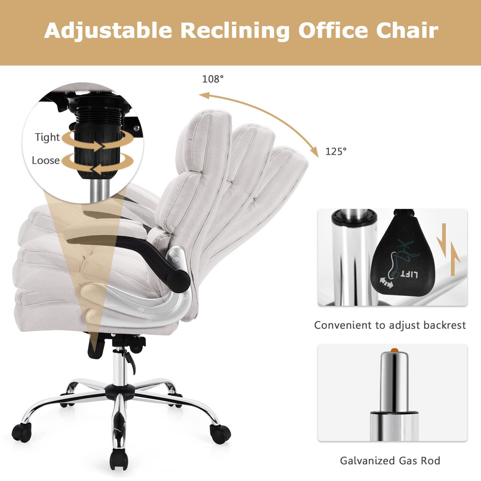Adjustable Swivel Office Chair, High Back, Flip-Up Arm, Beige Leisure Chairs at Gallery Canada