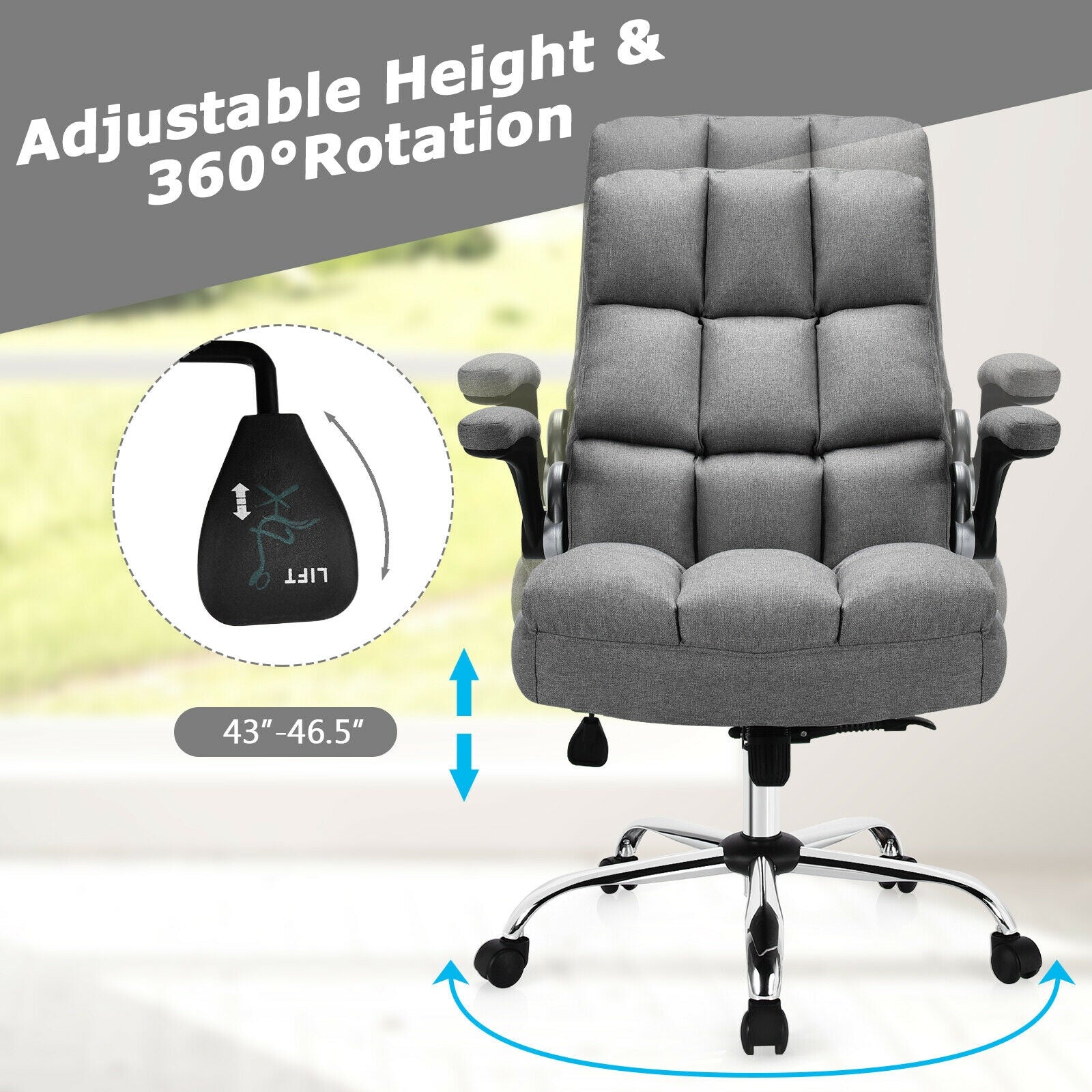 Adjustable Swivel Office Chair, High Back, Flip-Up Arm, Gray Leisure Chairs at Gallery Canada