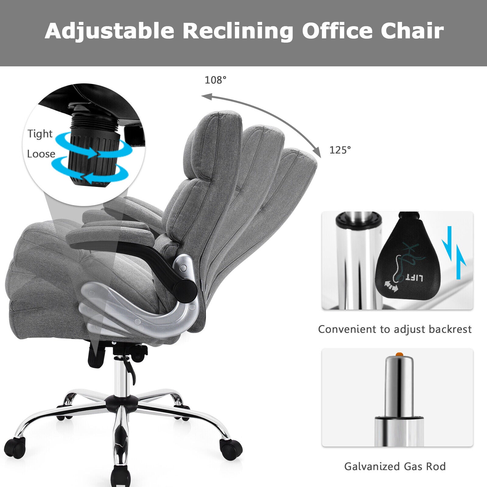 Adjustable Swivel Office Chair, High Back, Flip-Up Arm, Gray Leisure Chairs at Gallery Canada