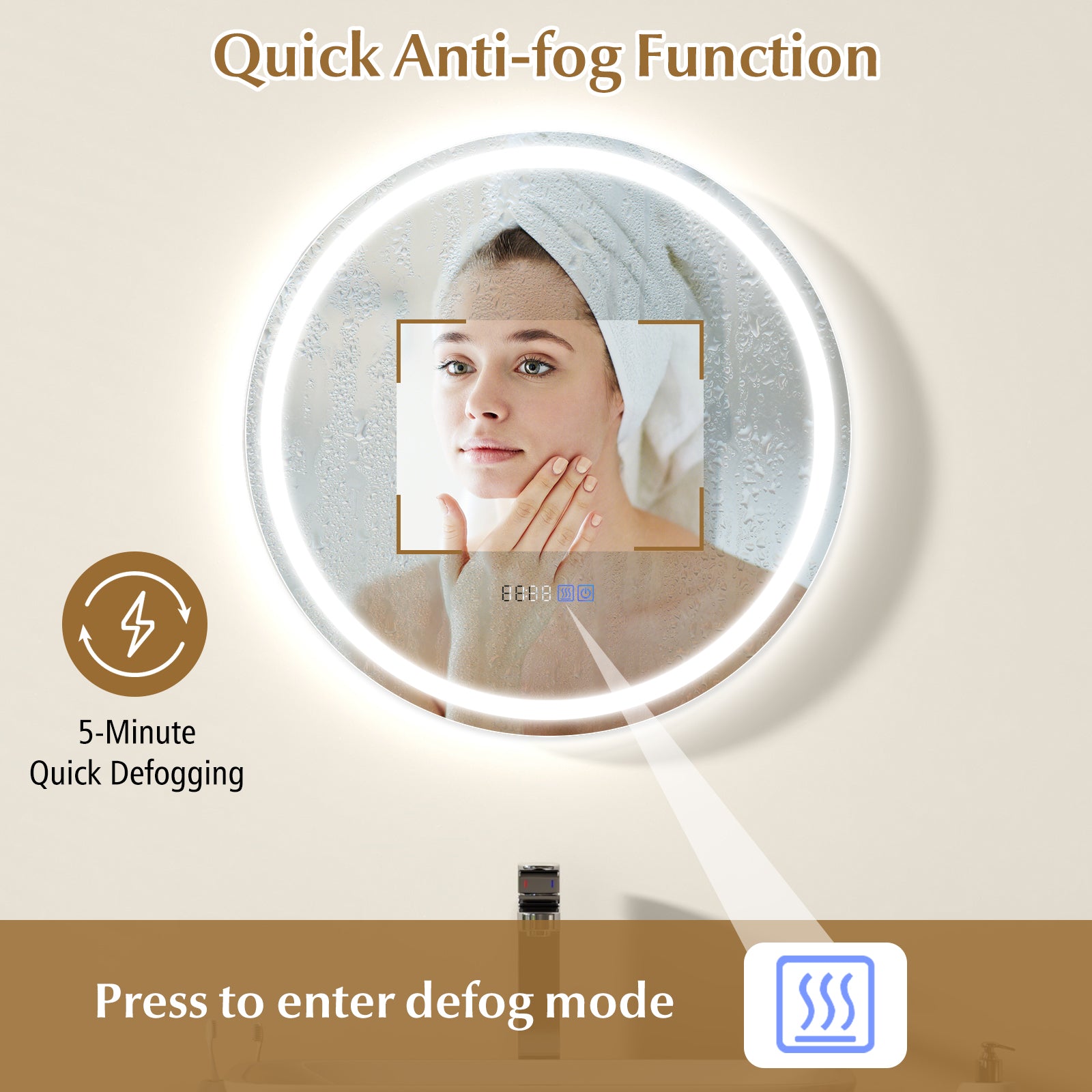 24 Inch Anti-Fog Bathroom Mirror, LED Lights, Temperature Display Wall Mirrors at Gallery Canada