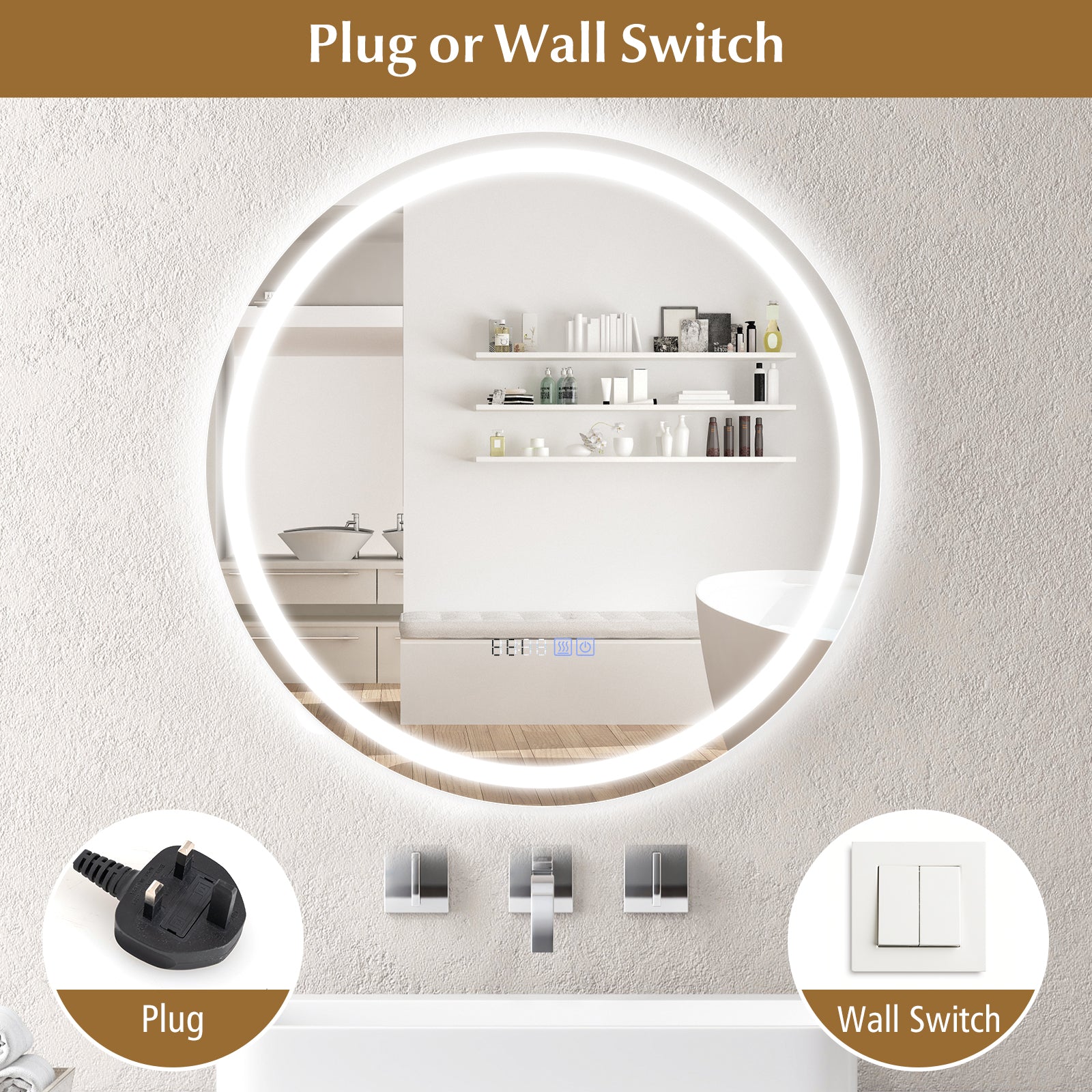 24 Inch Anti-Fog Bathroom Mirror, LED Lights, Temperature Display Wall Mirrors at Gallery Canada
