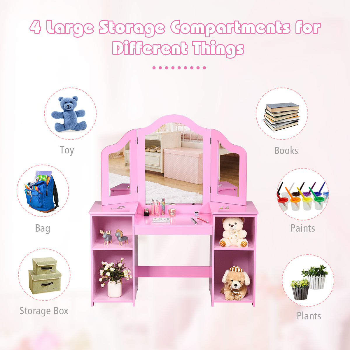 Kids Tri Folding Mirror Makeup Dressing Vanity Table Set, Pink Kids Vanities at Gallery Canada