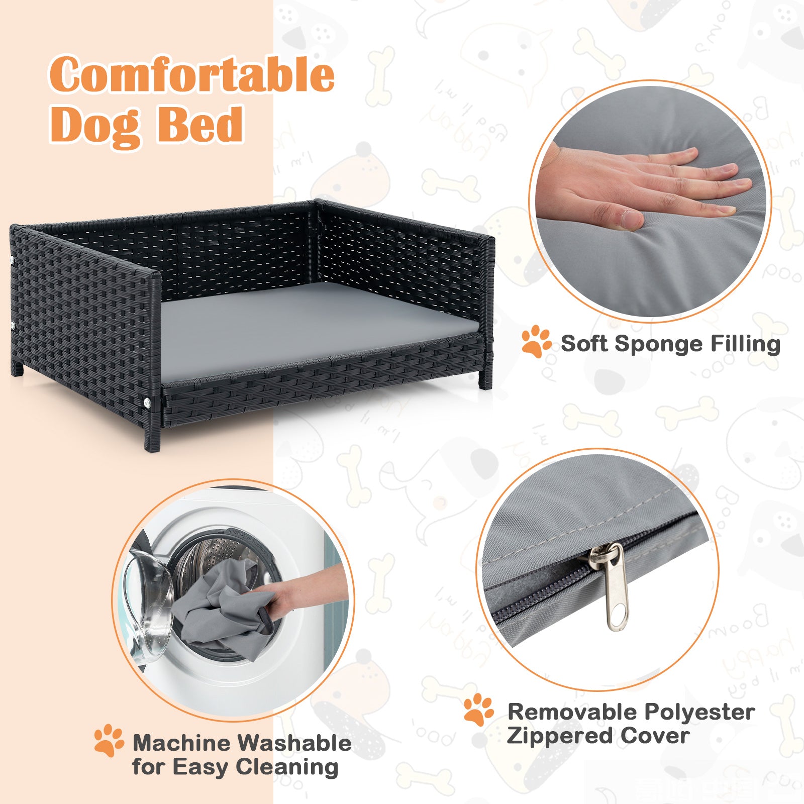 Rattan Dog Bed, Waterproof Cushion, Medium Small, Gray Dog Supplies at Gallery Canada