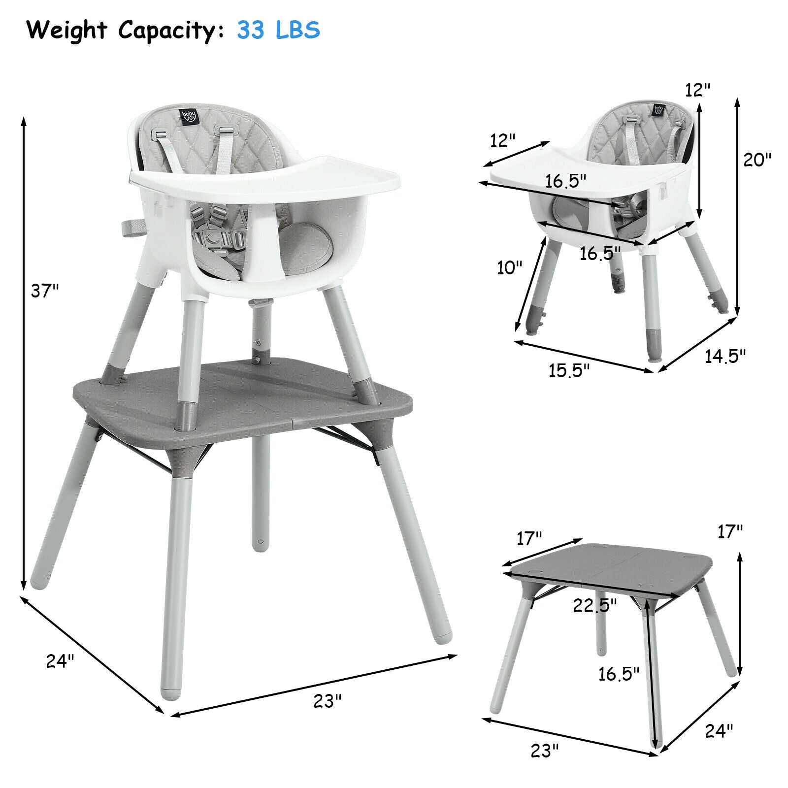 4-In-1 Baby Convertible Toddler Table Chair Set, Gray High Chairs at Gallery Canada