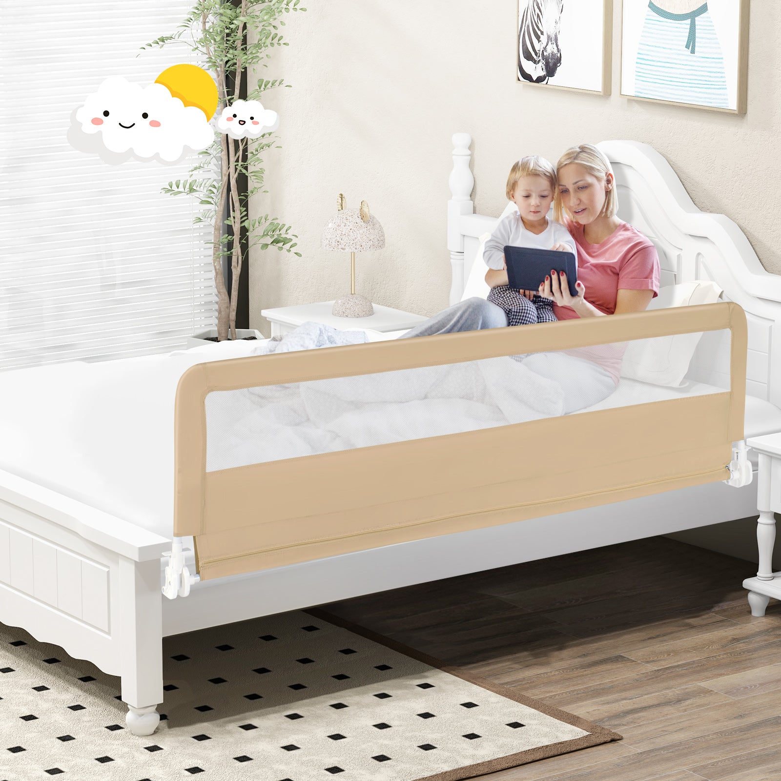 71 Inch Extra Long Swing Down Bed Guardrail, Safety Straps, Beige Bed Rails at Gallery Canada