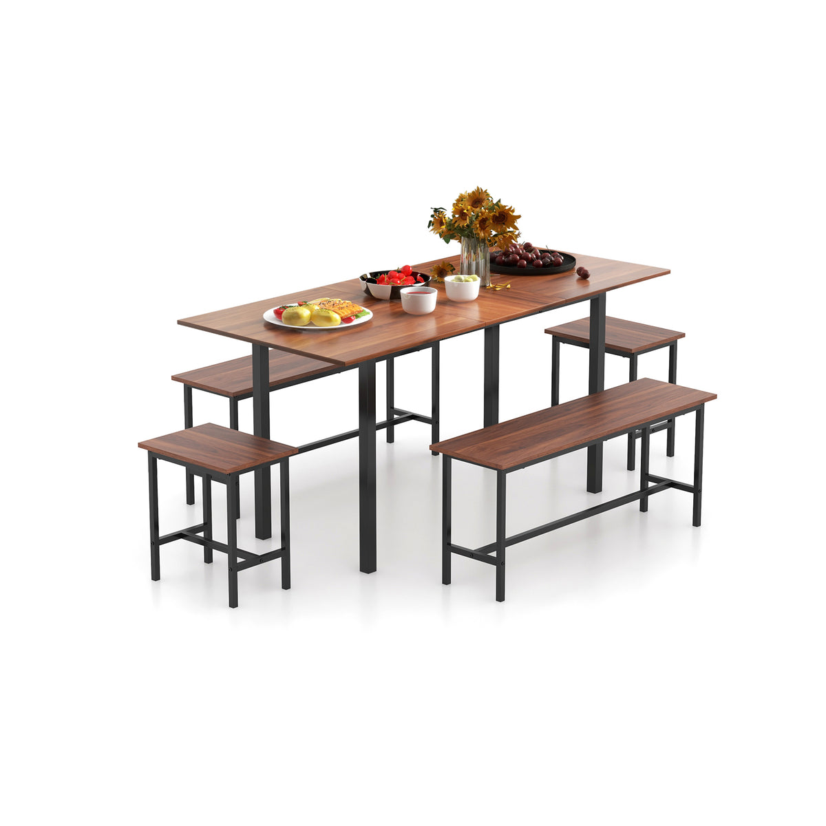5 Piece Dining Table Set, 2 Benches 2 Stools, Walnut Dining Room Sets at Gallery Canada