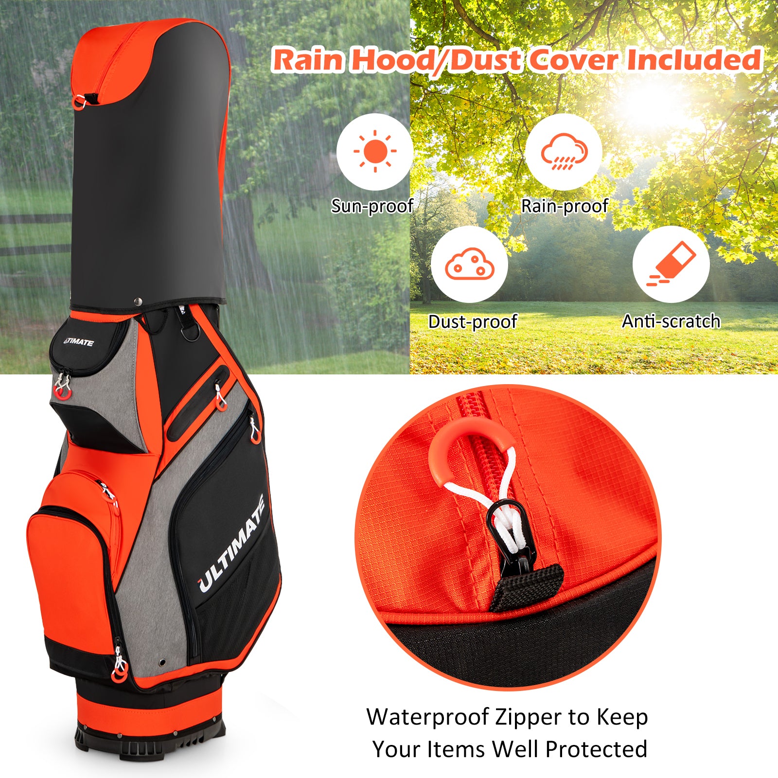 10.5 Inch Golf Stand Bag, 14 Way Dividers, 7 Zippered Pockets, Orange Golf at Gallery Canada