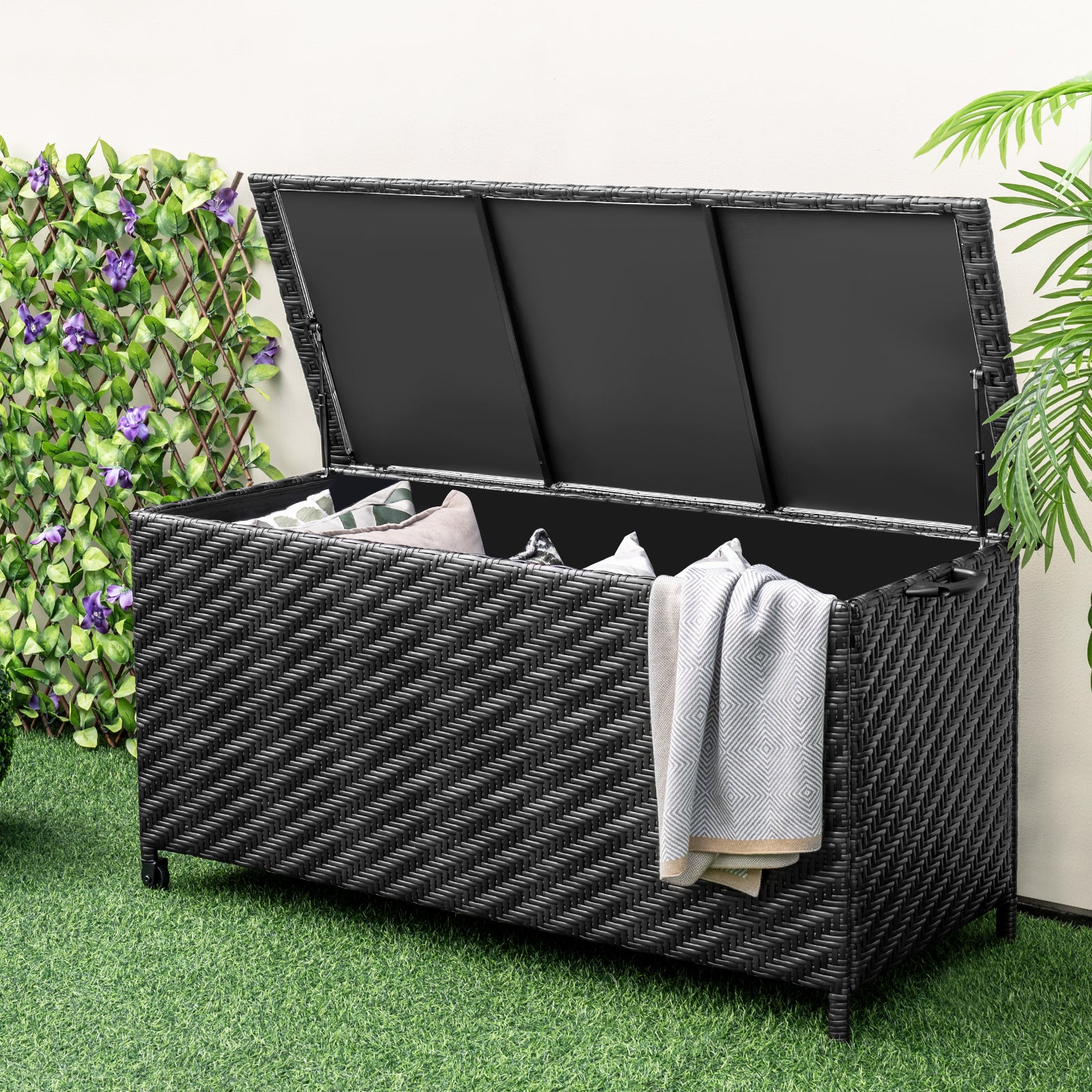 85 Gallon Outdoor Storage Box, Removable Liner, Universal Wheels, Black Outdoor Storage & Garages at Gallery Canada
