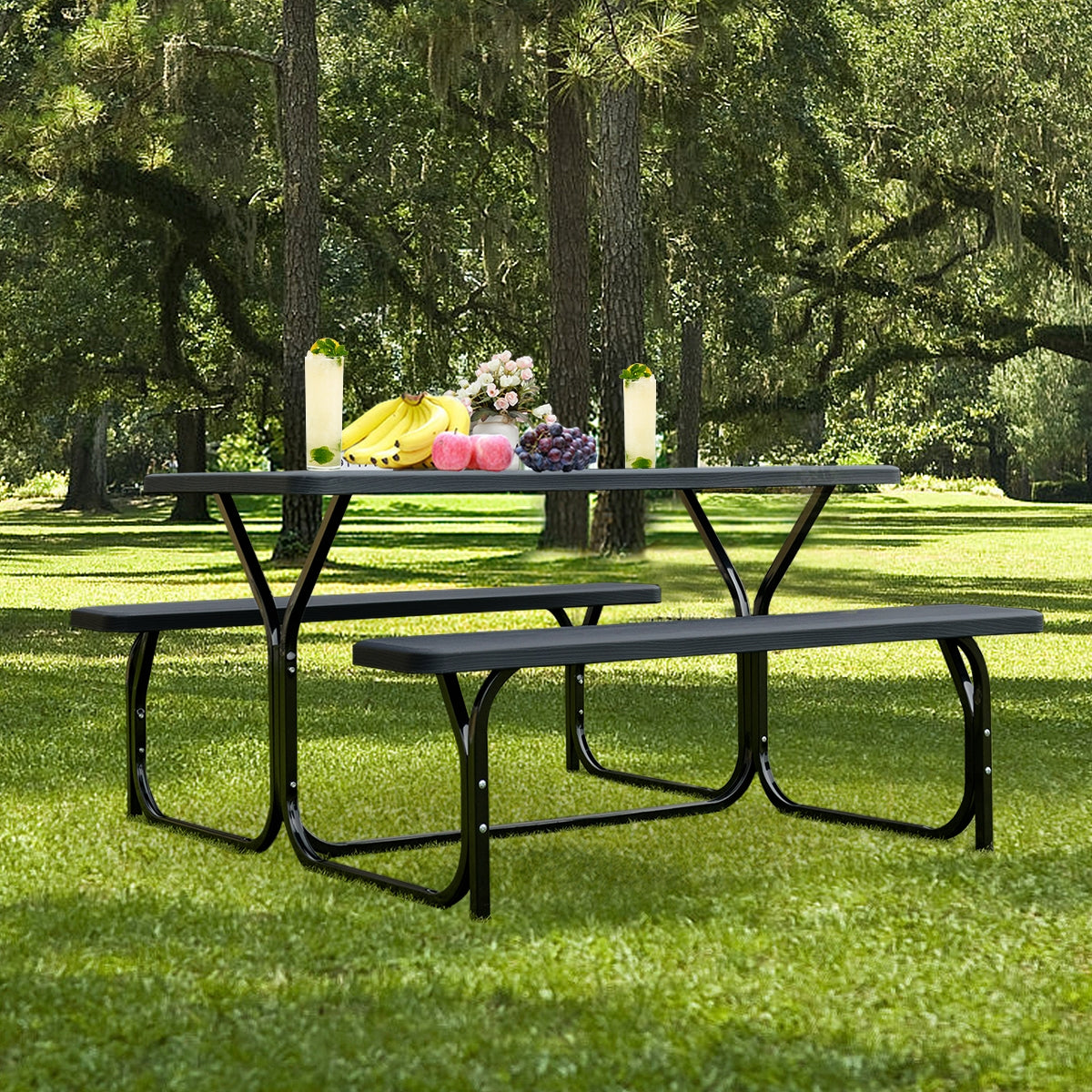 Outdoor Picnic Table Bench Set, Metal Base, Black Picnic Tables at Gallery Canada