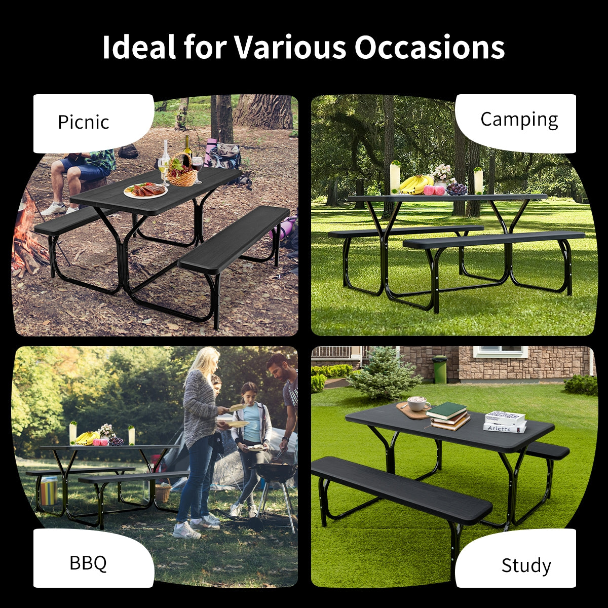 Outdoor Picnic Table Bench Set, Metal Base, Black Picnic Tables at Gallery Canada