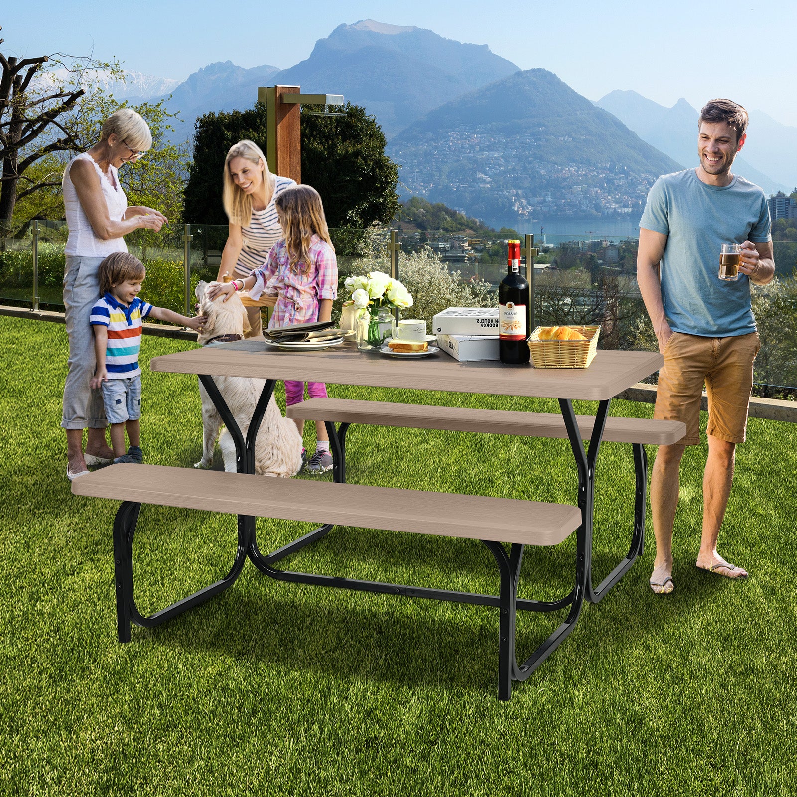 Outdoor Picnic Table Bench Set, Metal Base, Coffee Picnic Tables at Gallery Canada