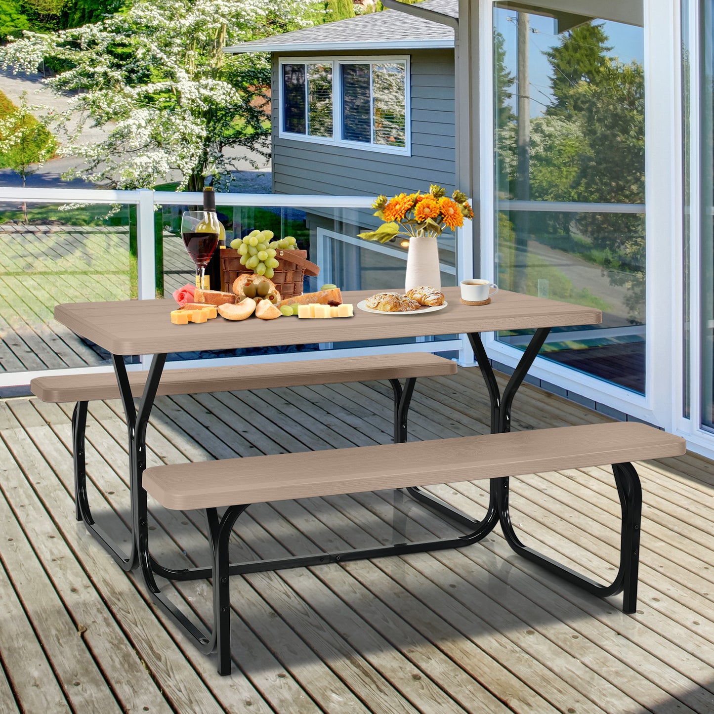 Outdoor Picnic Table Bench Set, Metal Base, Coffee Picnic Tables at Gallery Canada