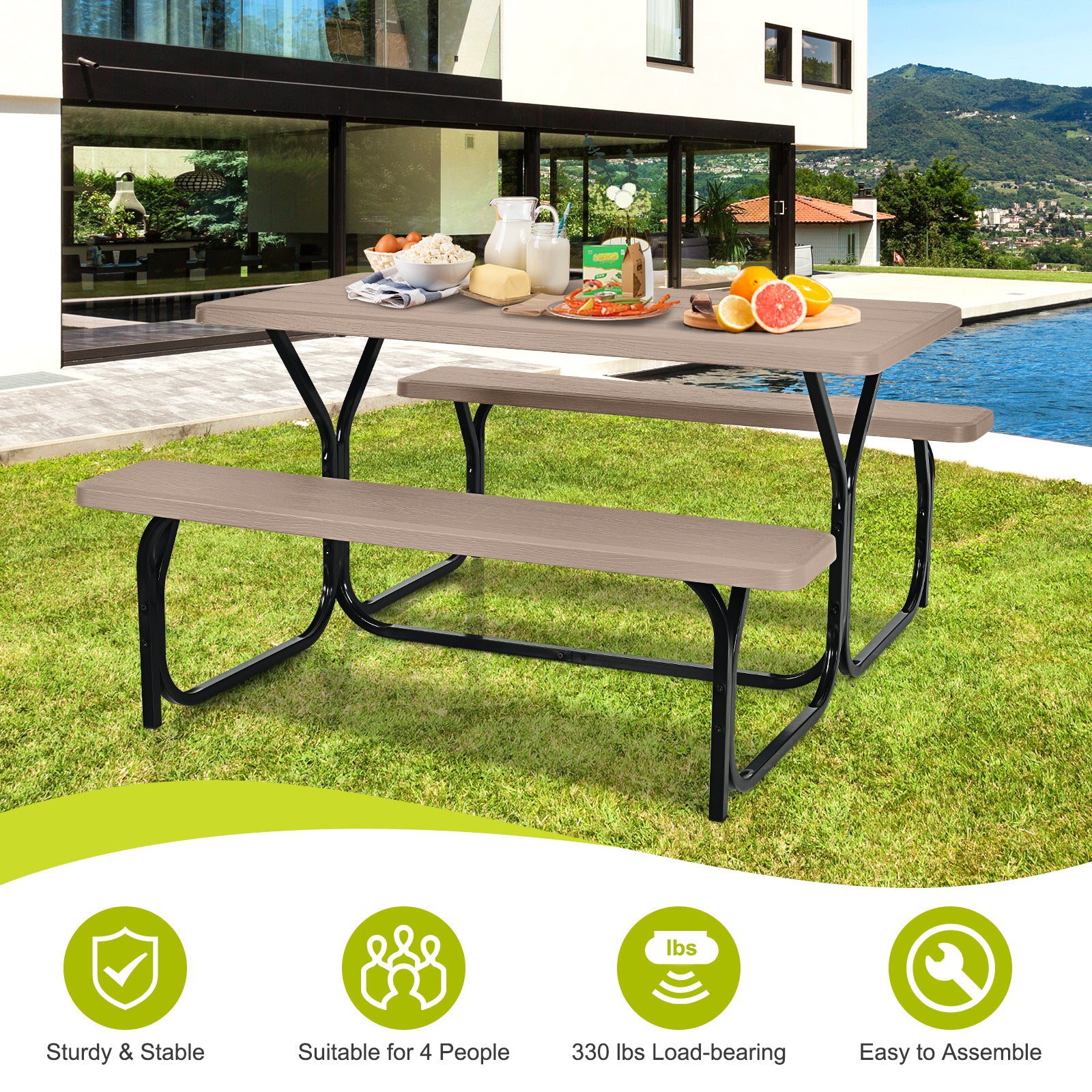 Outdoor Picnic Table Bench Set, Metal Base, Coffee Picnic Tables at Gallery Canada