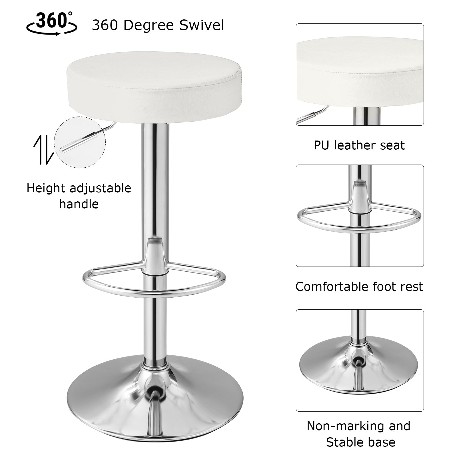 Adjustable Round PU Leather Swivel Barstool, Set of 2, Chrome Footrest, White Bar Stools at Gallery Canada
