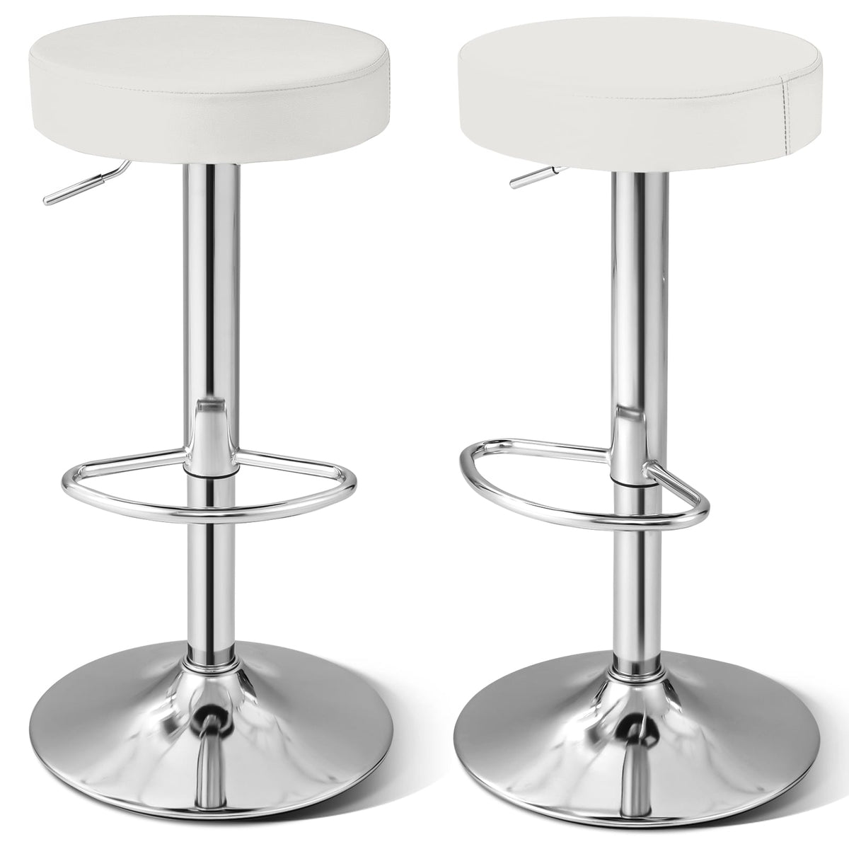 Adjustable Round PU Leather Swivel Barstool, Set of 2, Chrome Footrest, White Bar Stools at Gallery Canada