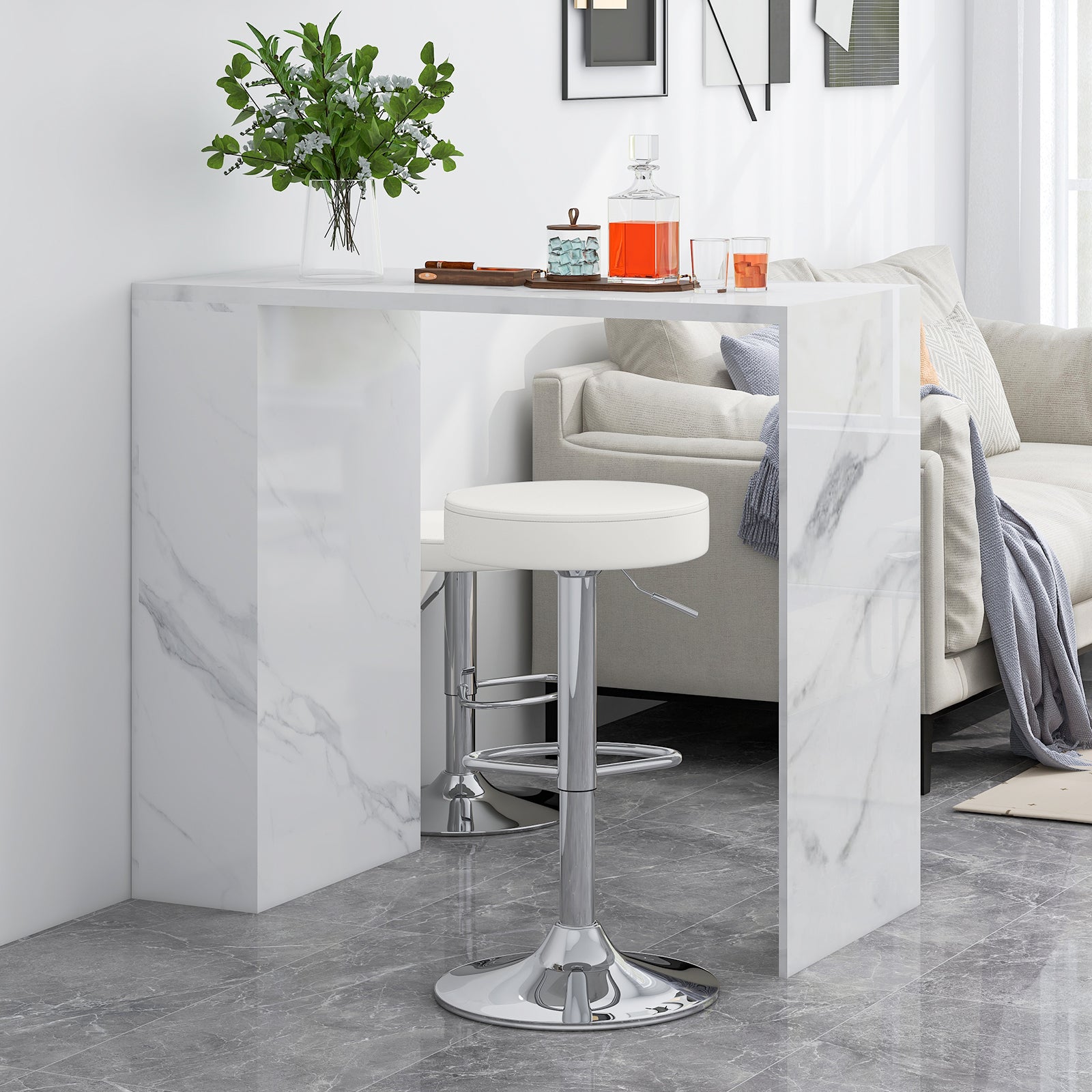 Adjustable Round PU Leather Swivel Barstool, Set of 2, Chrome Footrest, White Bar Stools at Gallery Canada