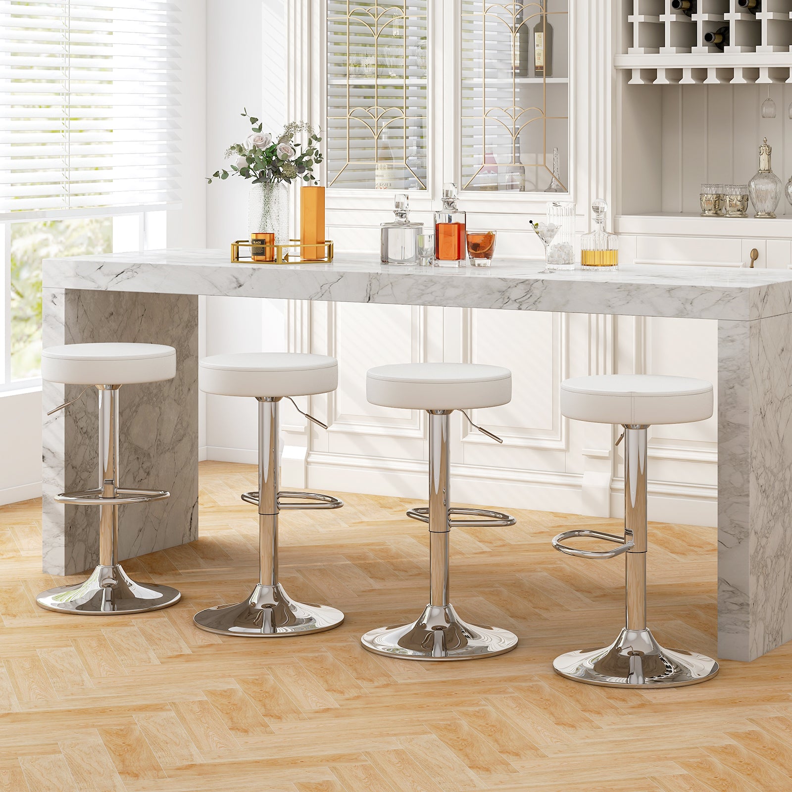 Adjustable Round PU Leather Swivel Barstool, Set of 2, Chrome Footrest, White Bar Stools at Gallery Canada