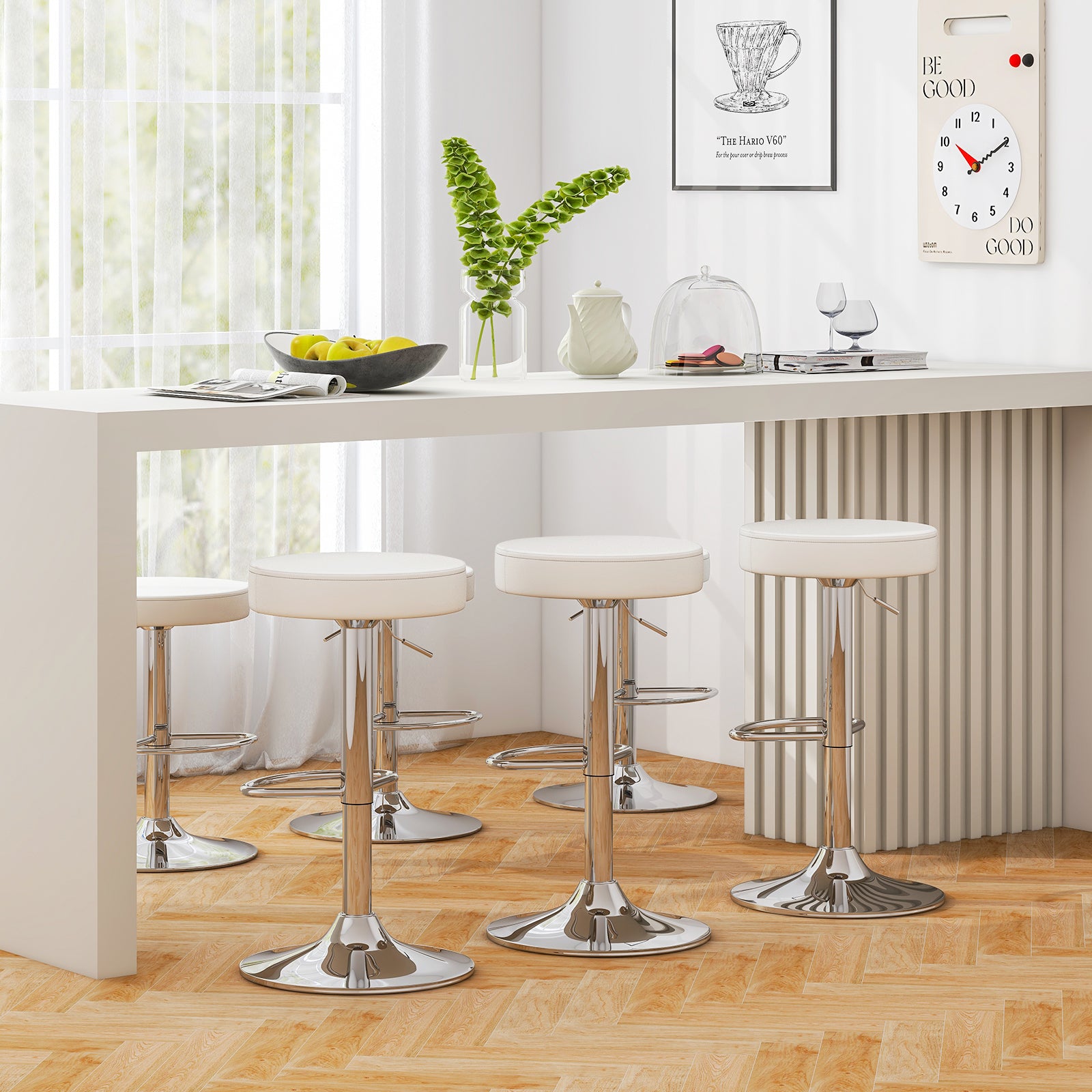 Adjustable Round PU Leather Swivel Barstool, Set of 2, Chrome Footrest, White Bar Stools at Gallery Canada