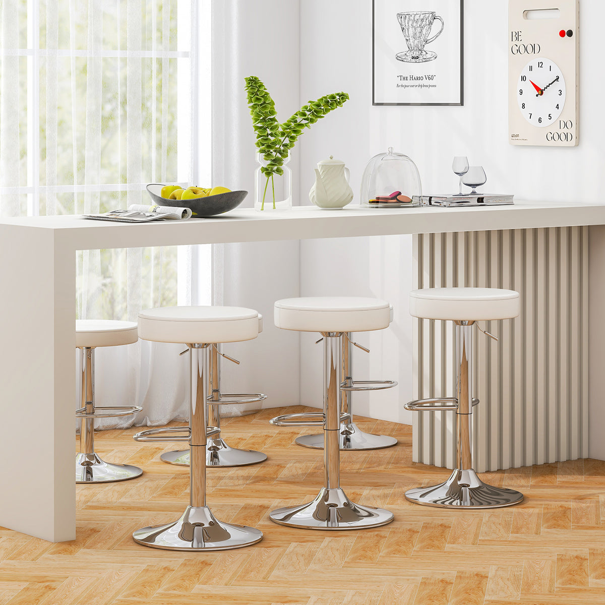 Adjustable Round PU Leather Swivel Barstool, Set of 2, Chrome Footrest, White Bar Stools at Gallery Canada