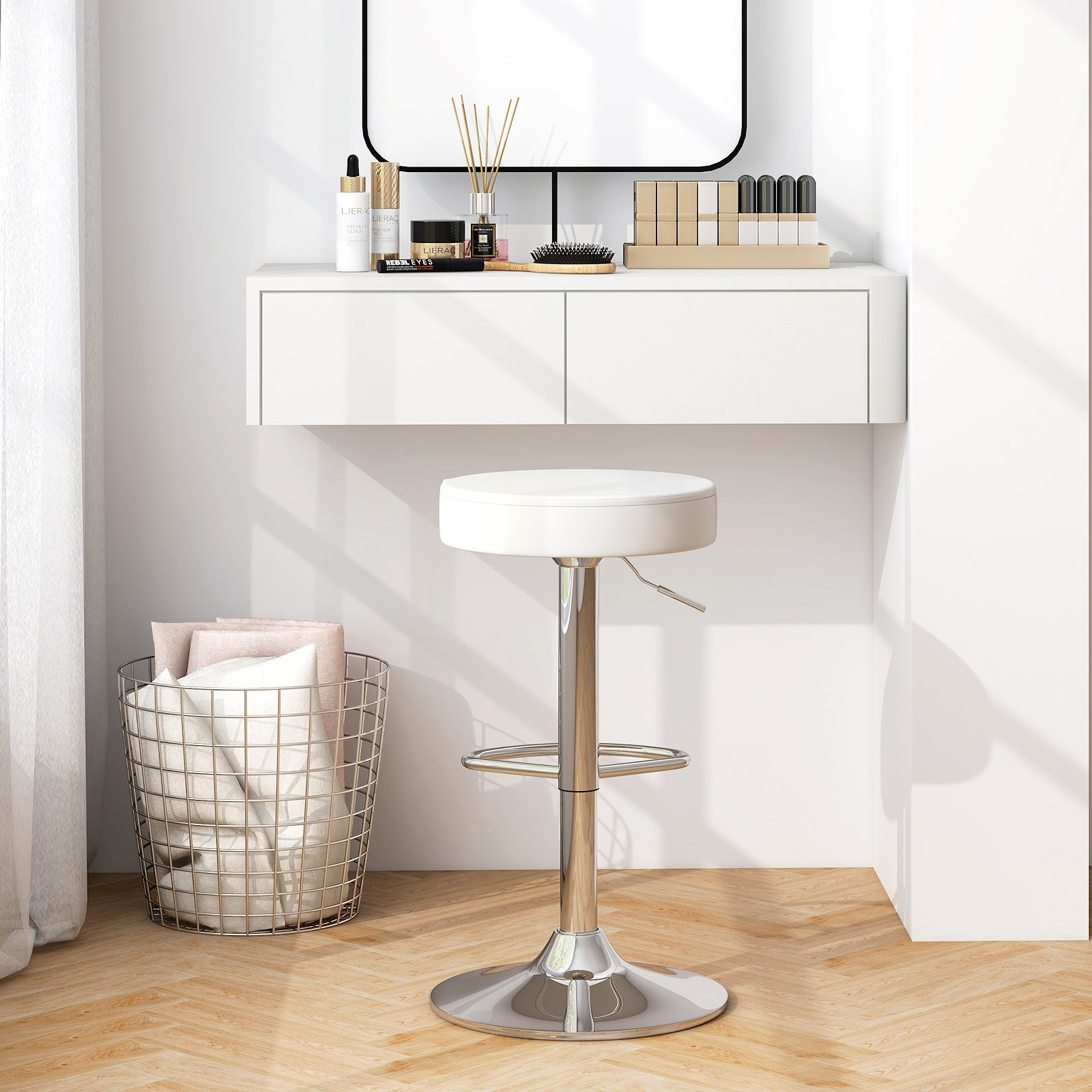 Adjustable Round PU Leather Swivel Barstool, Set of 2, Chrome Footrest, White Bar Stools at Gallery Canada
