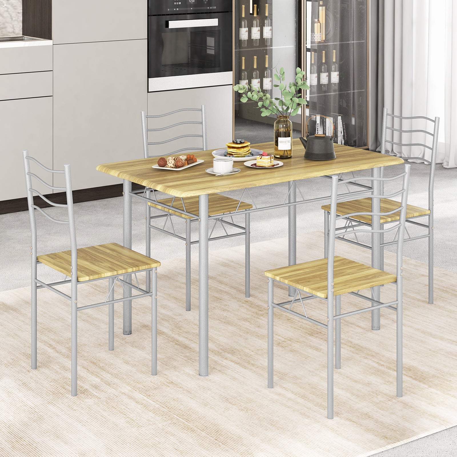 5 Piece Wood Metal Dining Table Set, 4 Chairs, Walnut Dining Room Sets at Gallery Canada
