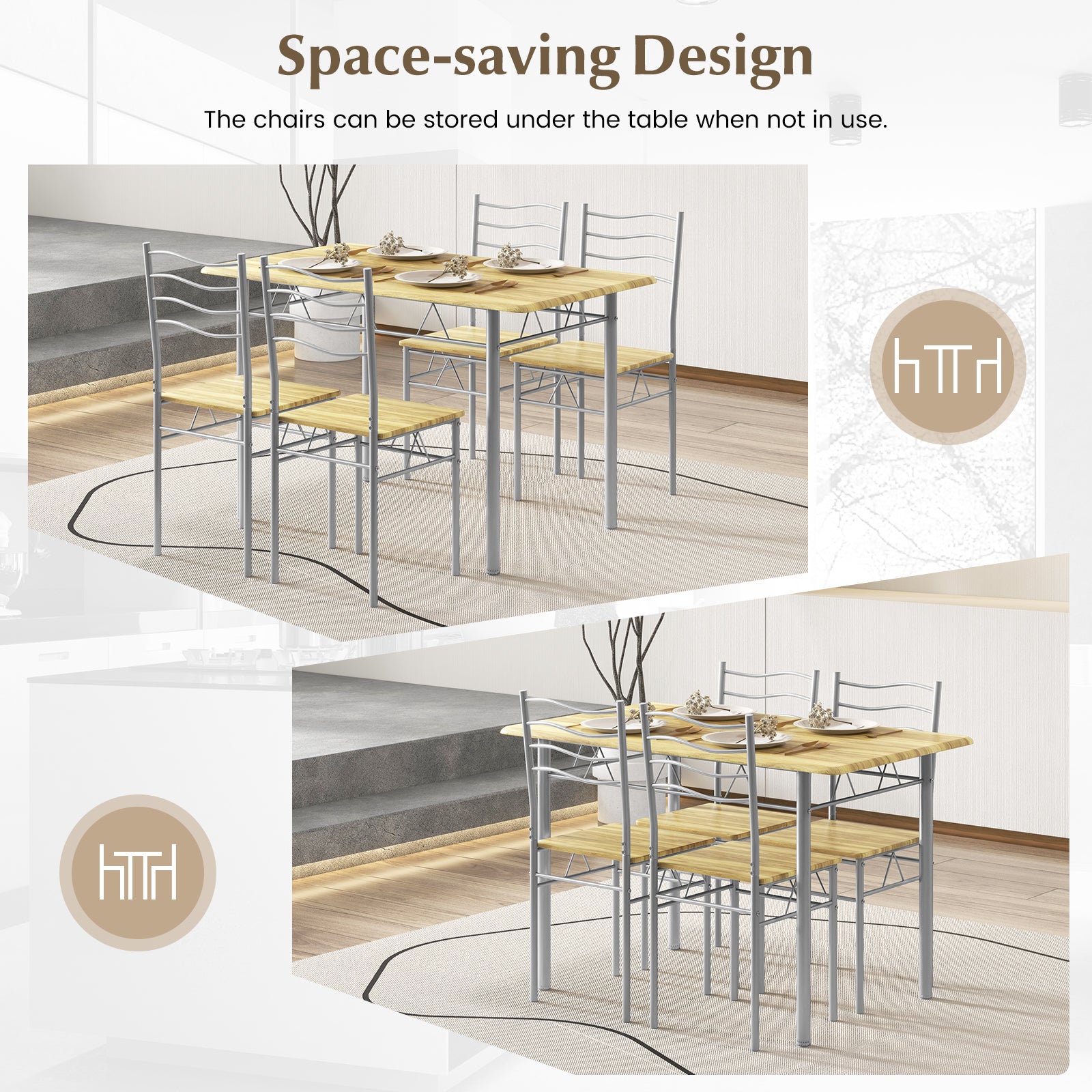 5 Piece Wood Metal Dining Table Set, 4 Chairs, Walnut Dining Room Sets at Gallery Canada