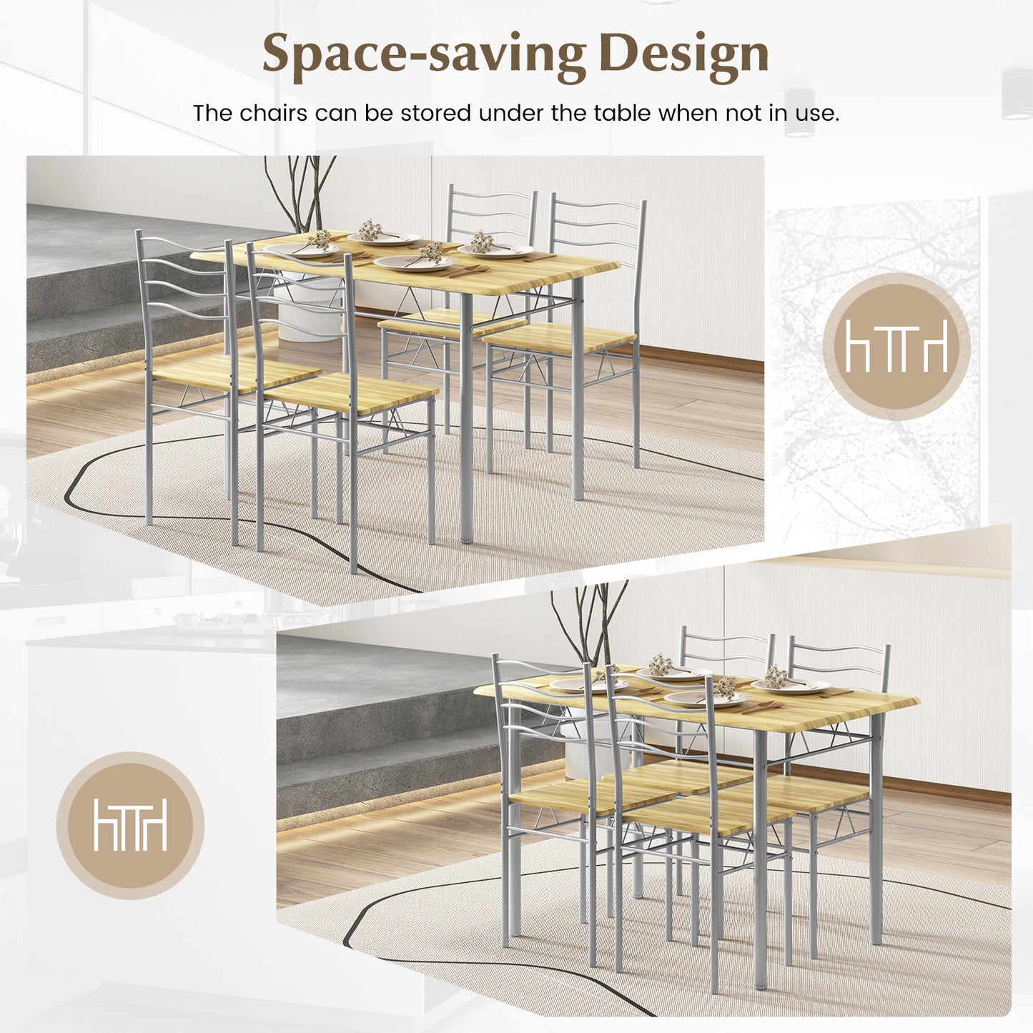 5 Piece Wood Metal Dining Table Set, 4 Chairs, Walnut Dining Room Sets at Gallery Canada