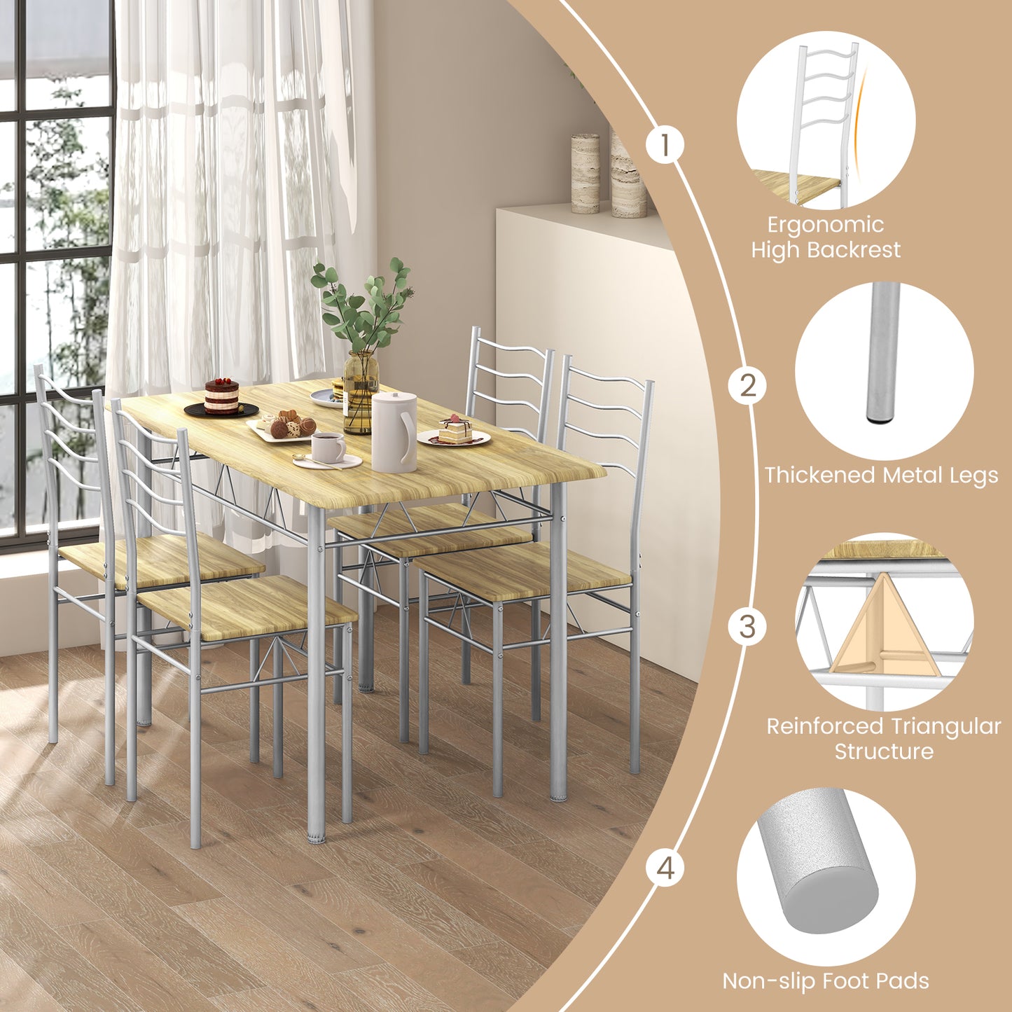 5 Piece Wood Metal Dining Table Set, 4 Chairs, Walnut Dining Room Sets at Gallery Canada