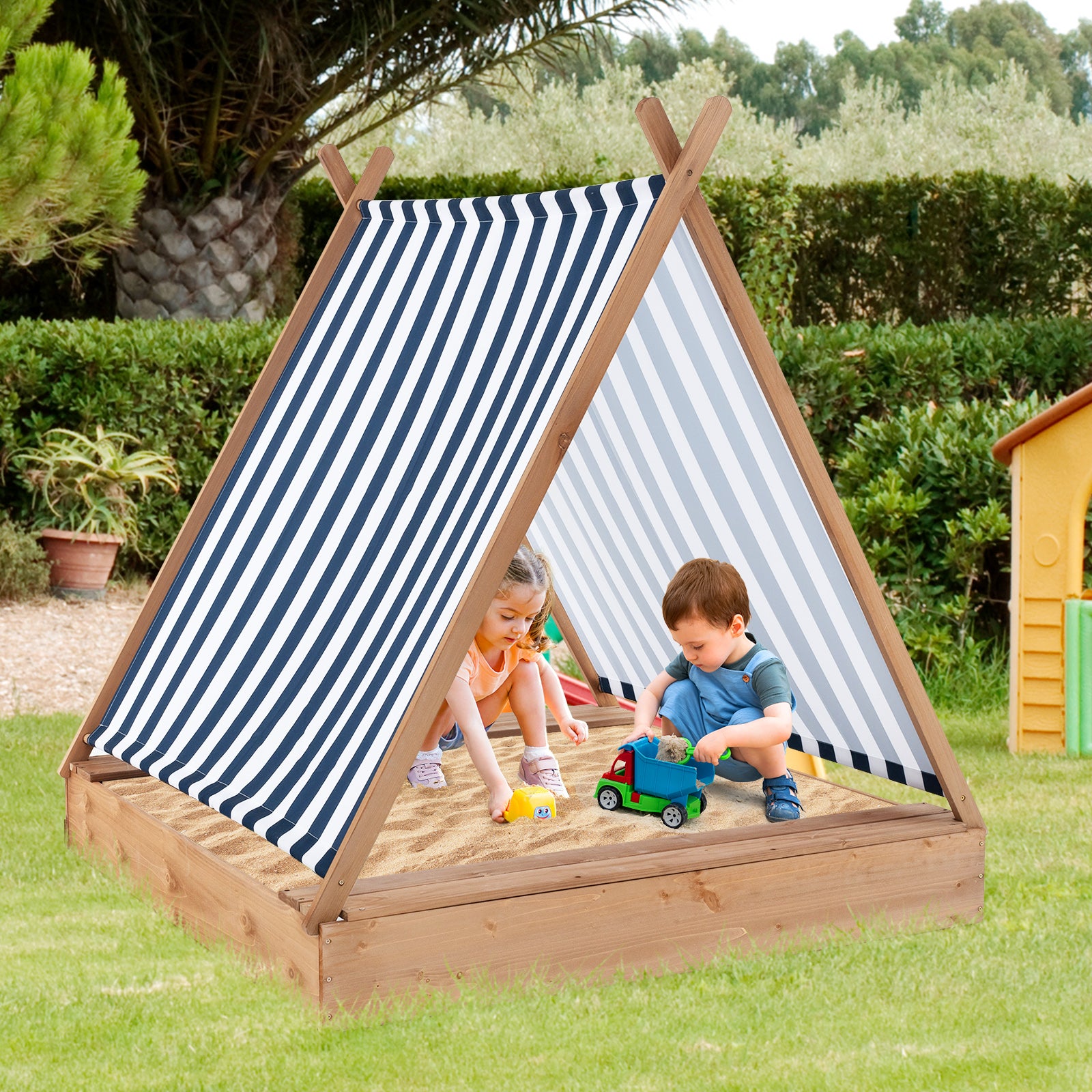 Kids Wooden Sandbox, 49 x 48 Inch, Natural, With Cover And 2 Bench Seats Sandboxes at Gallery Canada