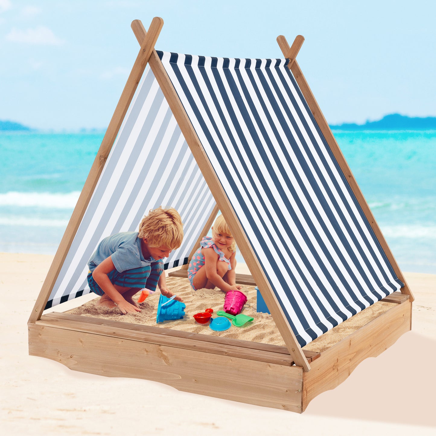 Kids Wooden Sandbox, 49 x 48 Inch, Natural, With Cover And 2 Bench Seats Sandboxes at Gallery Canada