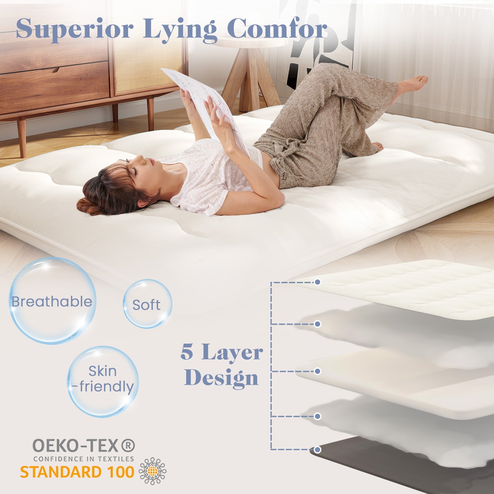 Full Size Futon Mattress, Washable Cover, Floor Sleeping Pad, Beige Mattresses at Gallery Canada